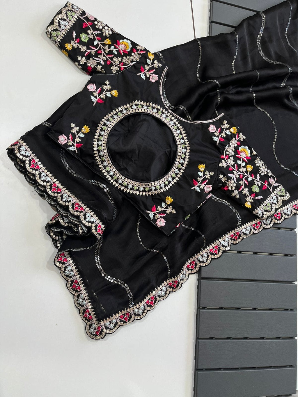 Blooming Black Georgette Crush Saree