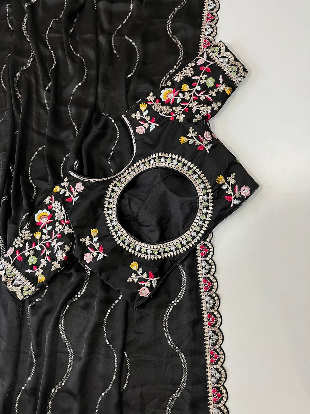 Blooming Black Georgette Crush Saree