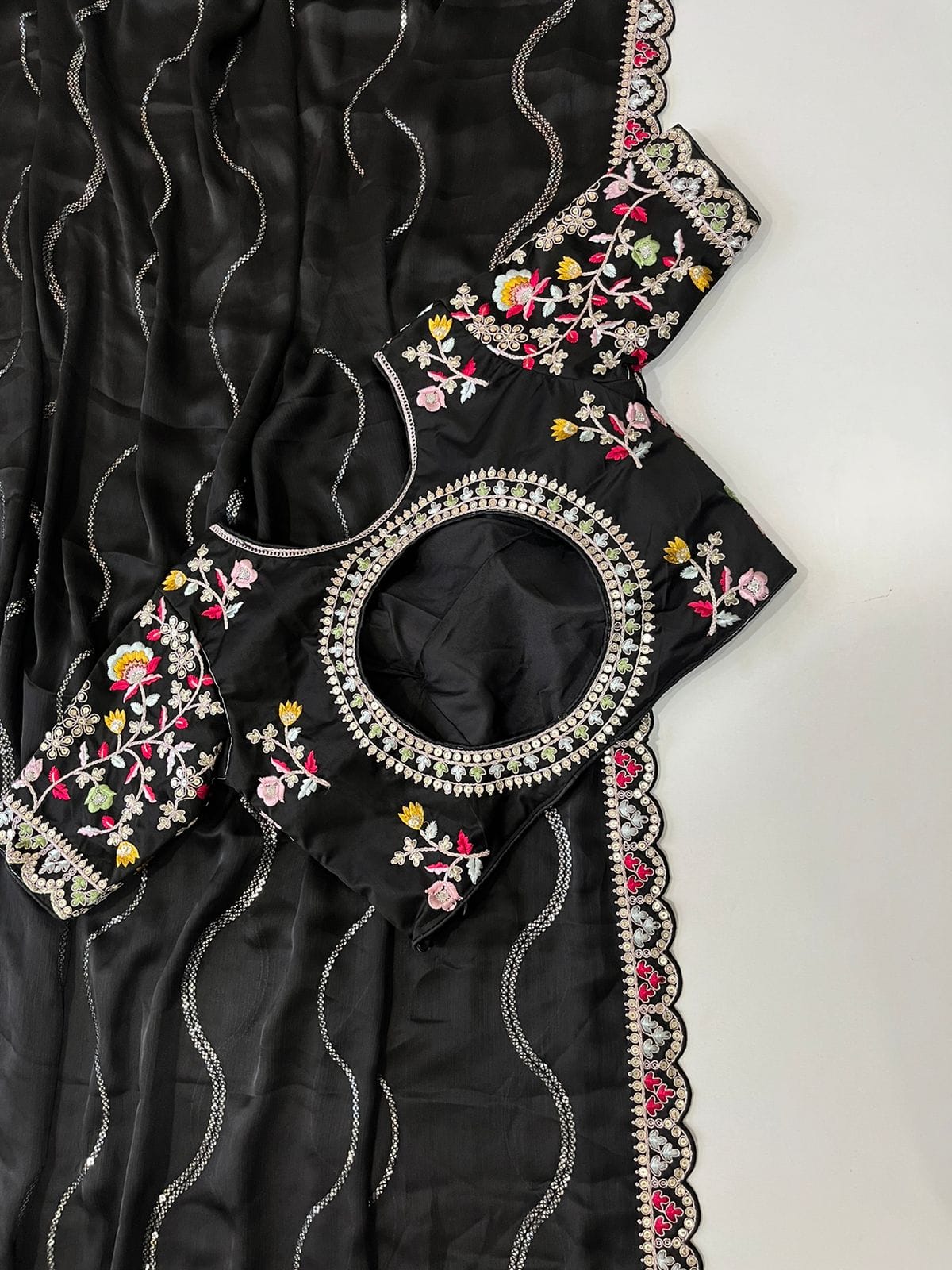 Blooming Black Georgette Crush Saree