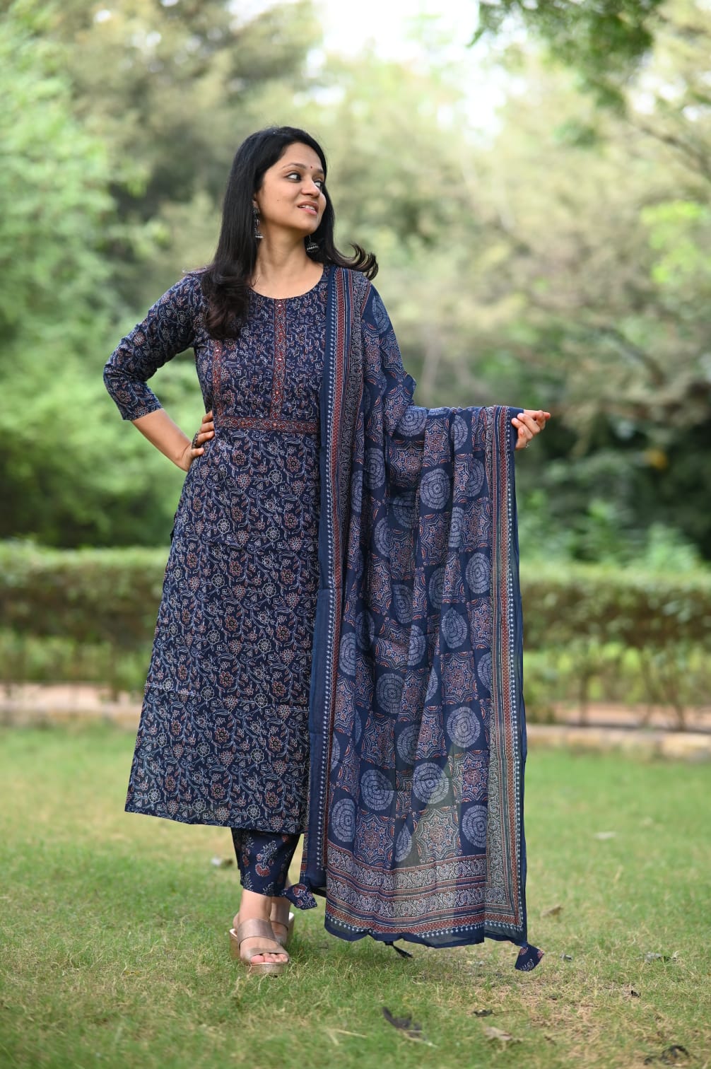 Ajrakh Printed Cotton Kurtaset With Dupatta