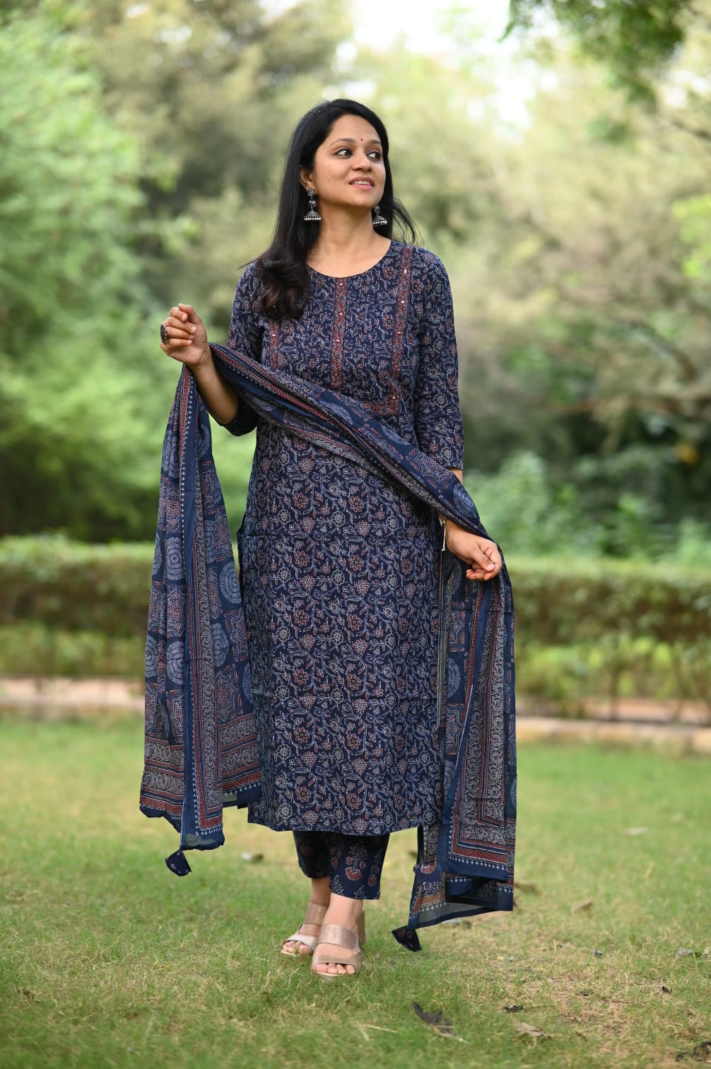 Ajrakh Printed Cotton Kurtaset With Dupatta