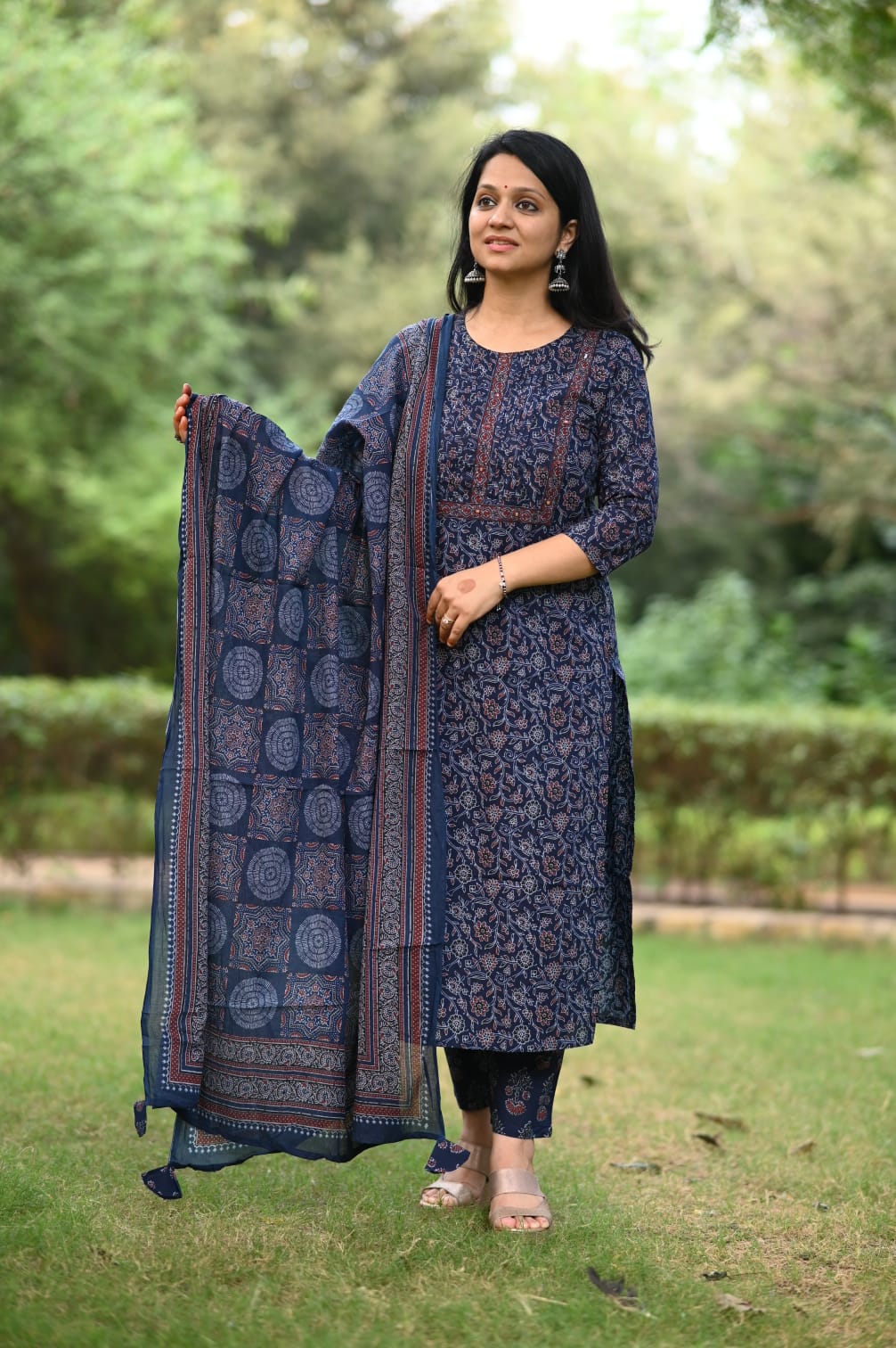 Ajrakh Printed Cotton Kurtaset With Dupatta