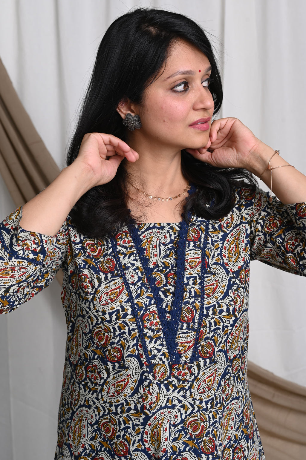 Ajrakh Kurta Pant Set With Lace Detailing