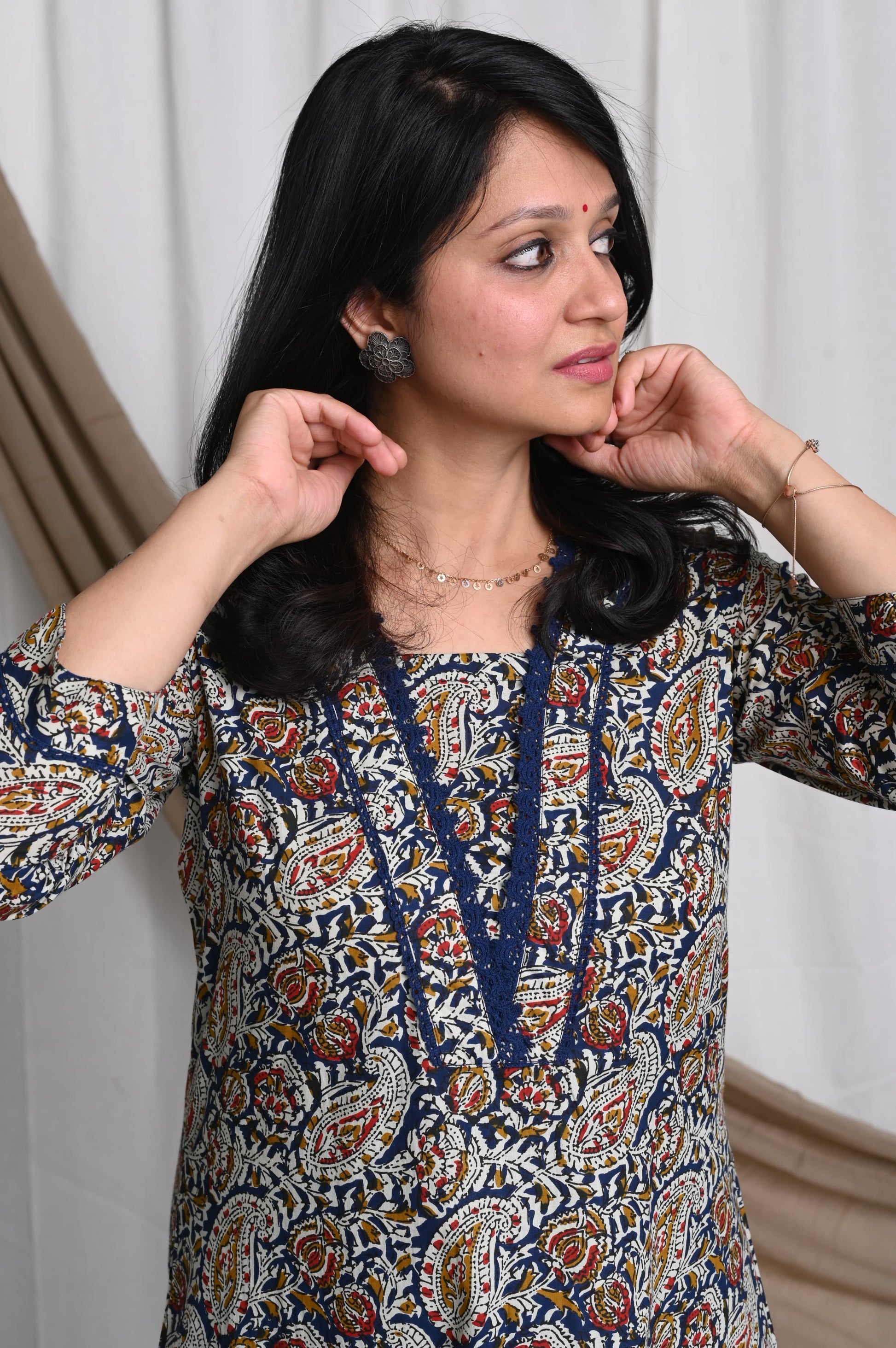 Ajrakh Kurta Pant Set With Lace Detailing