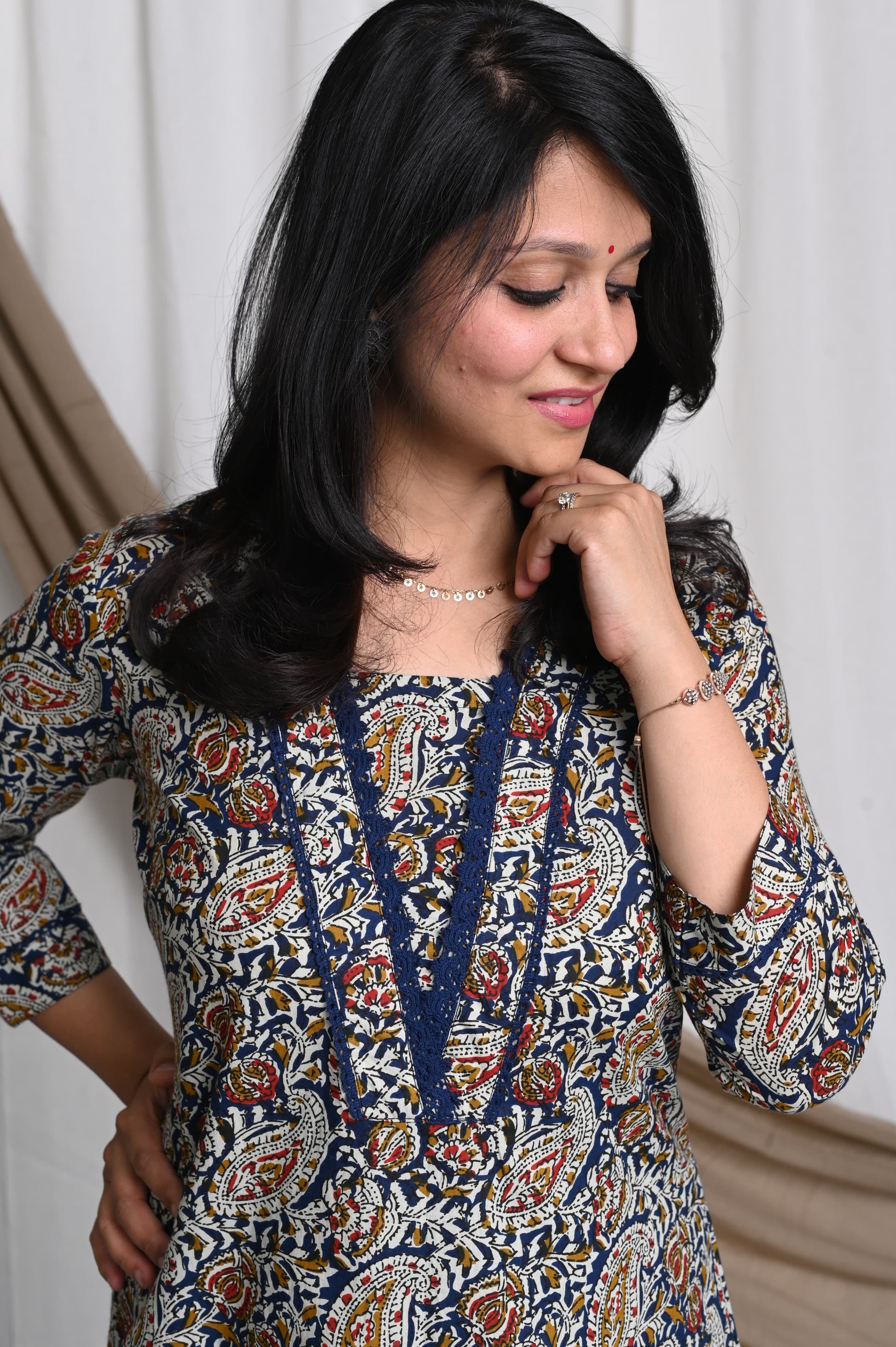 Ajrakh Kurta Pant Set With Lace Detailing