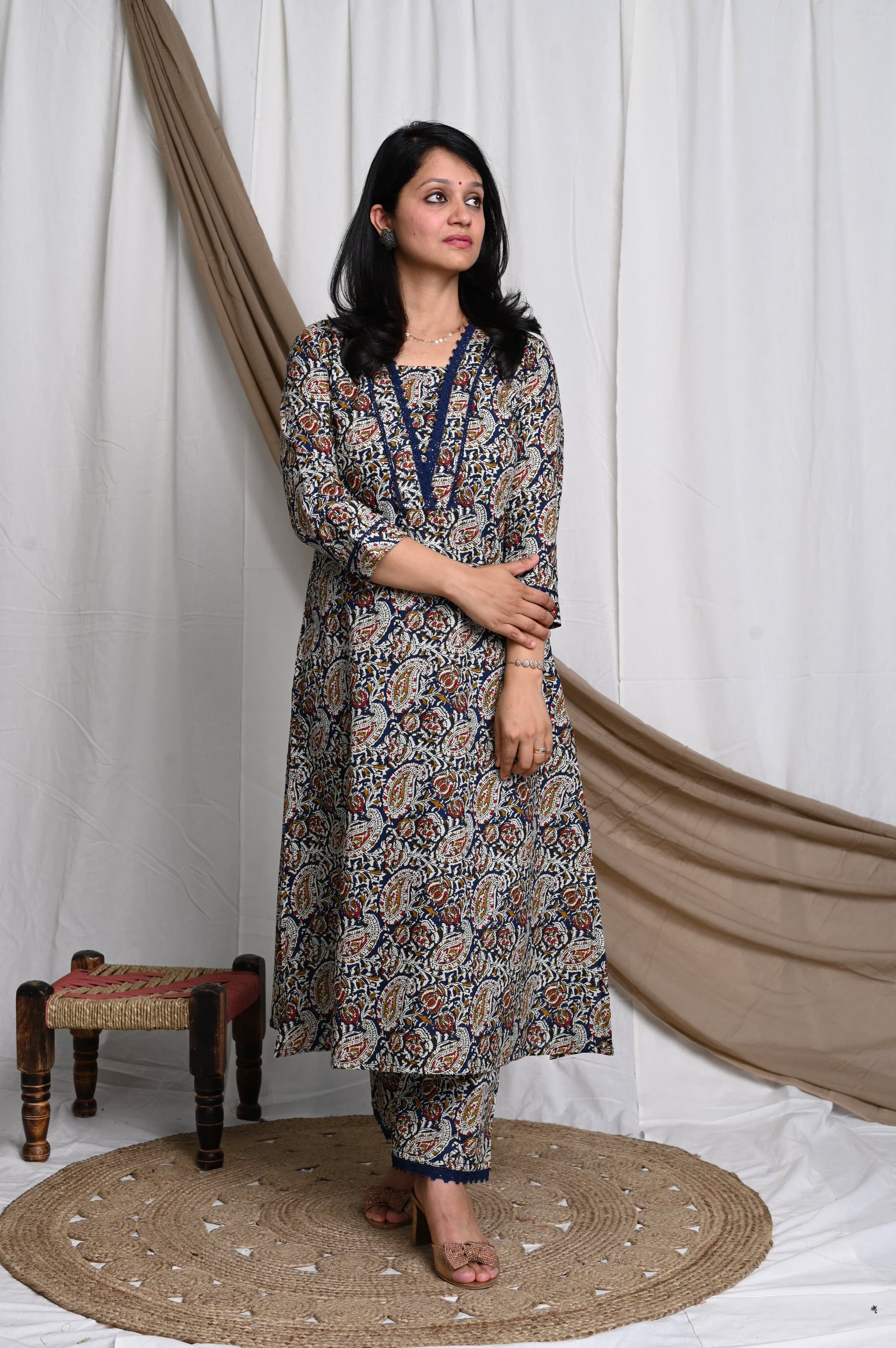 Ajrakh Kurta Pant Set With Lace Detailing