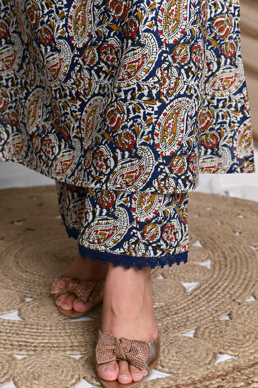 Ajrakh Kurta Pant Set With Lace Detailing