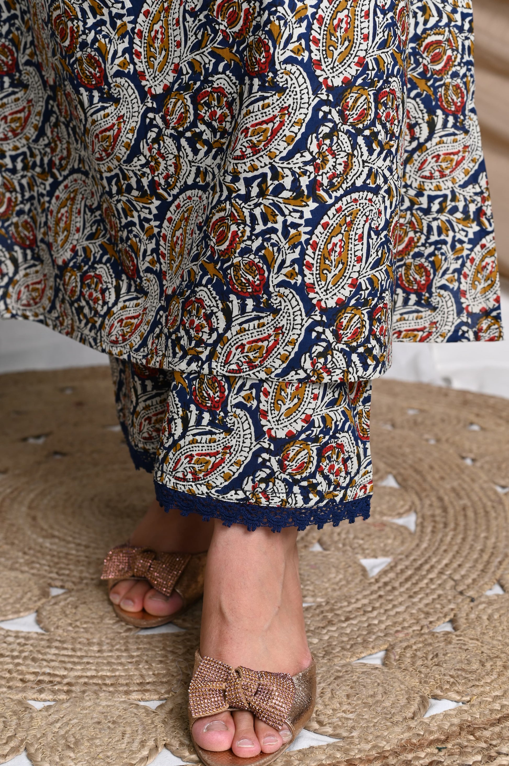 Ajrakh Kurta Pant Set With Lace Detailing