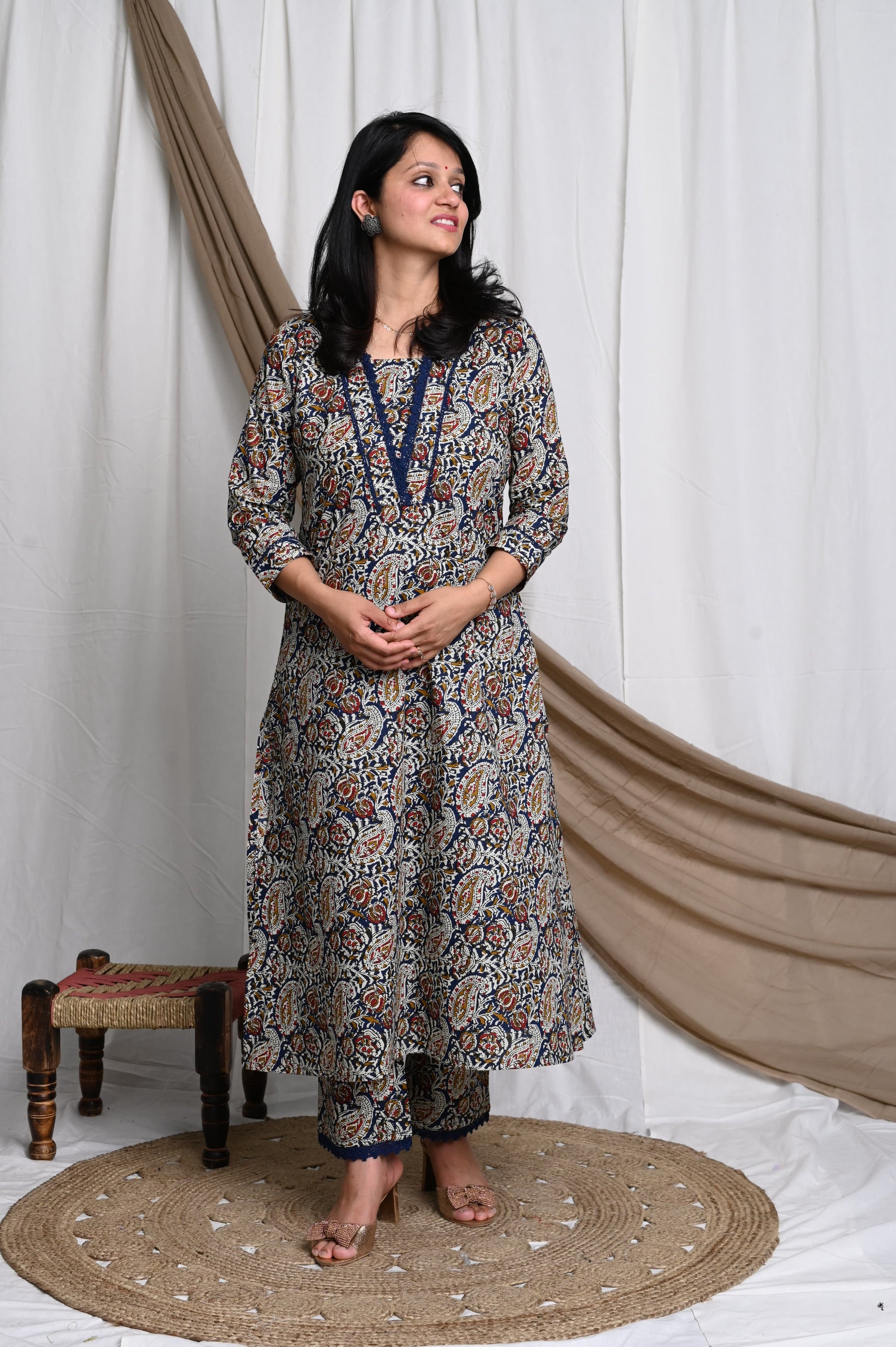 Ajrakh Kurta Pant Set With Lace Detailing