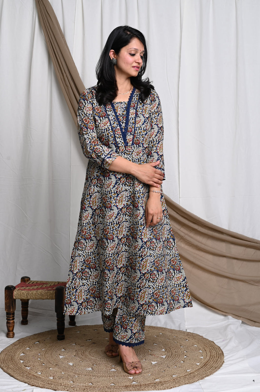 Ajrakh Kurta Pant Set With Lace Detailing