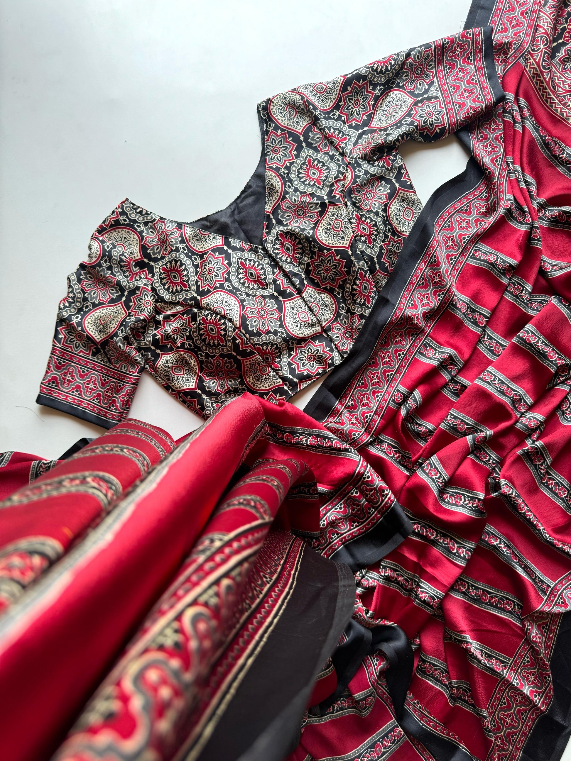 Ajrakh Print Soft Modal Silk Saree With Stitched Blouse