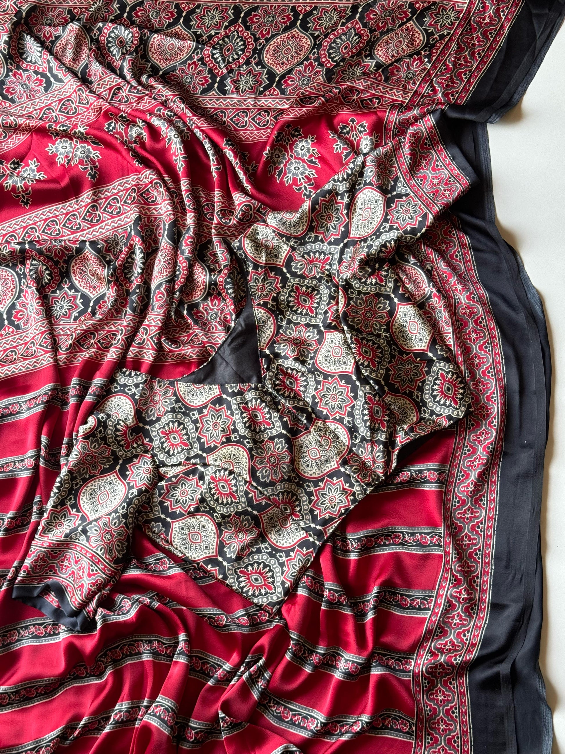 Ajrakh Print Soft Modal Silk Saree With Stitched Blouse