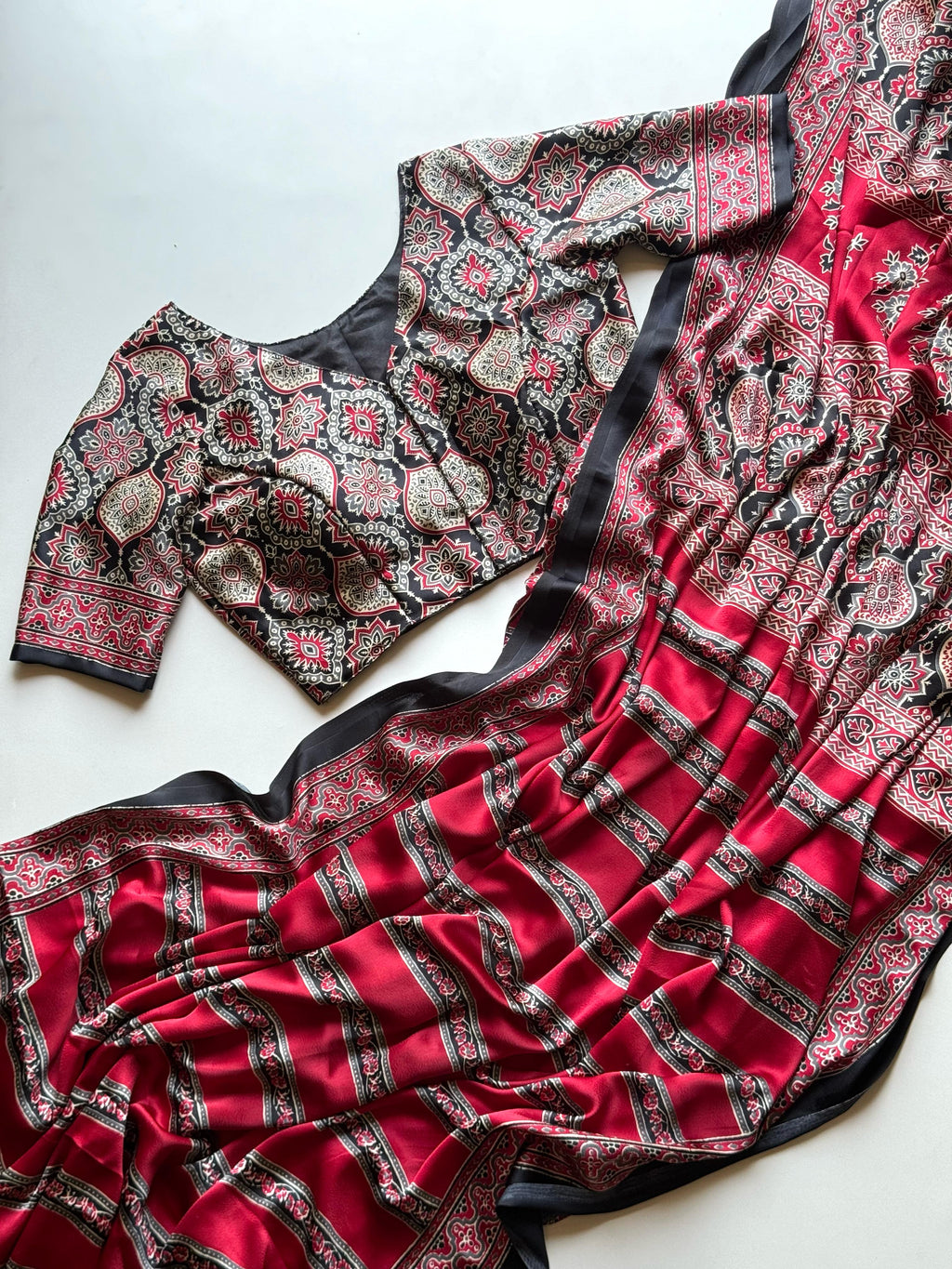 Ajrakh Print Soft Modal Silk Saree With Stitched Blouse