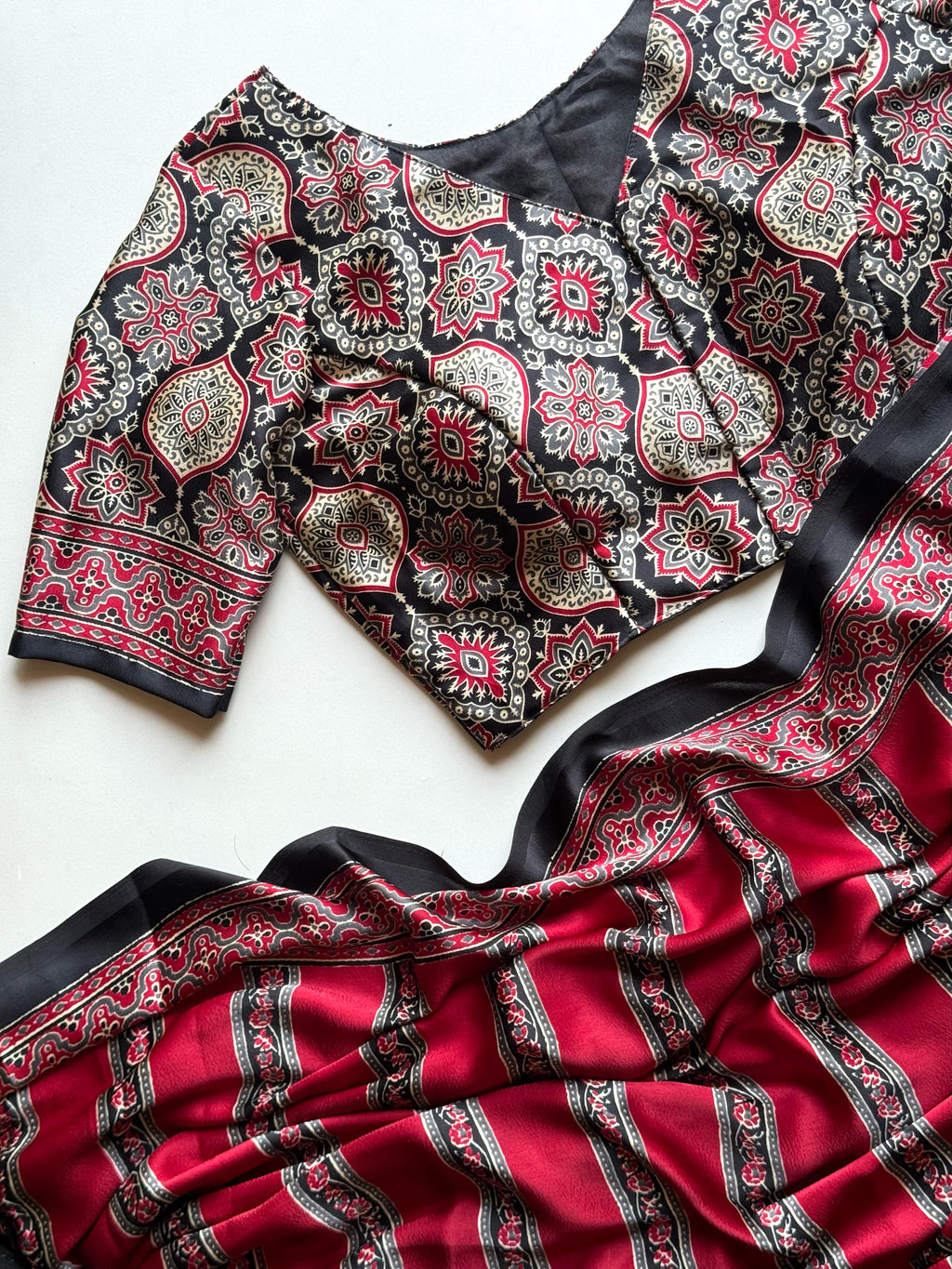 Ajrakh Print Soft Modal Silk Saree With Stitched Blouse