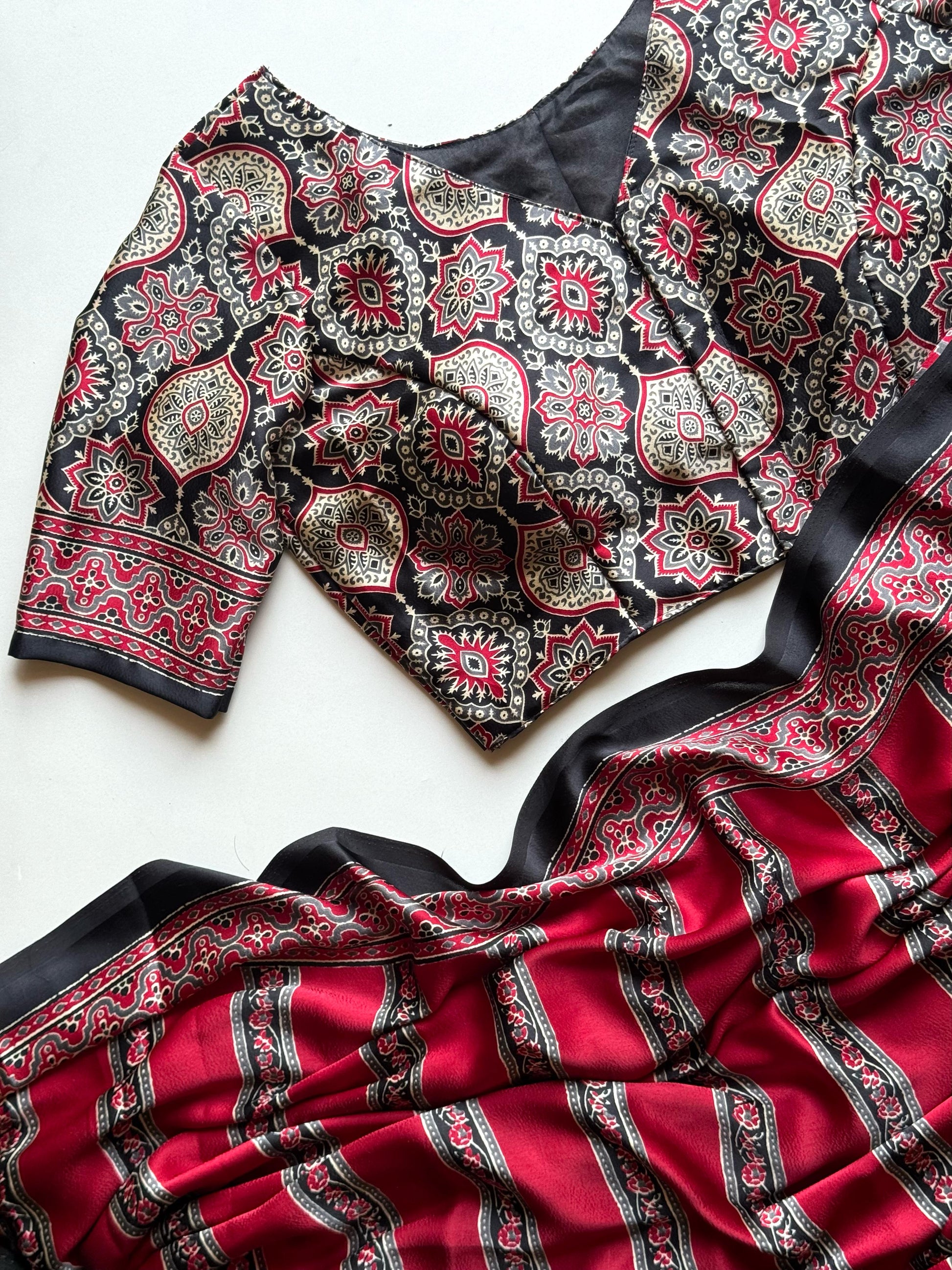 Ajrakh Print Soft Modal Silk Saree With Stitched Blouse