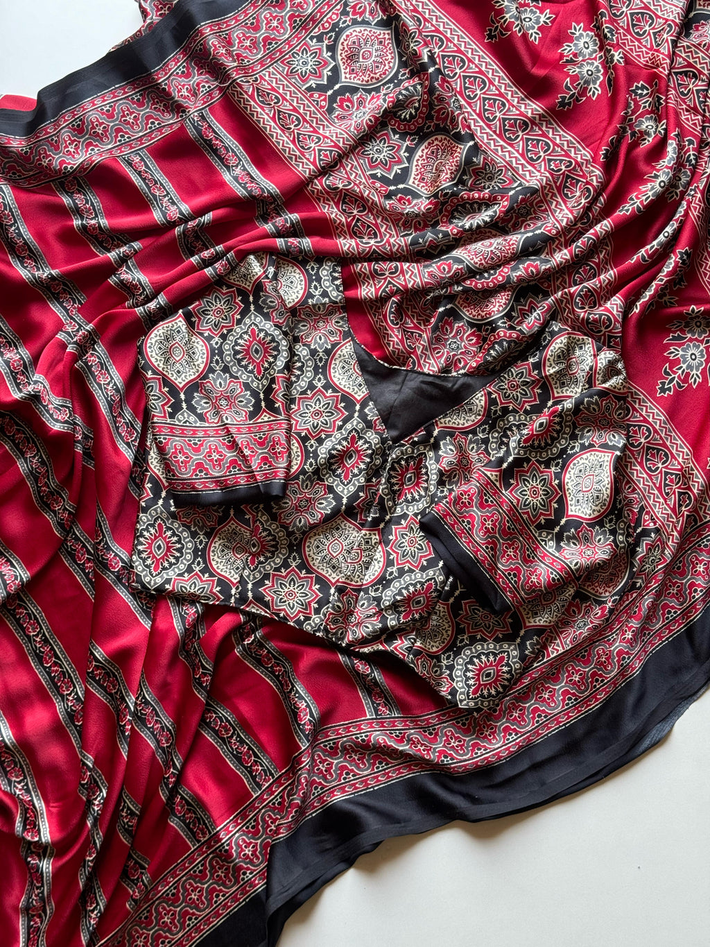 Ajrakh Print Soft Modal Silk Saree With Stitched Blouse