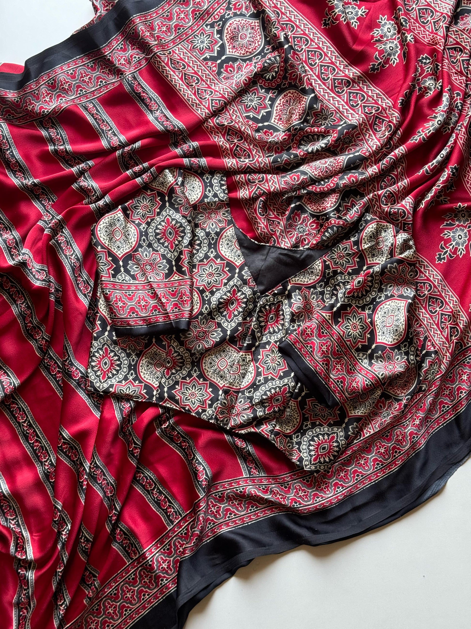 Ajrakh Print Soft Modal Silk Saree With Stitched Blouse