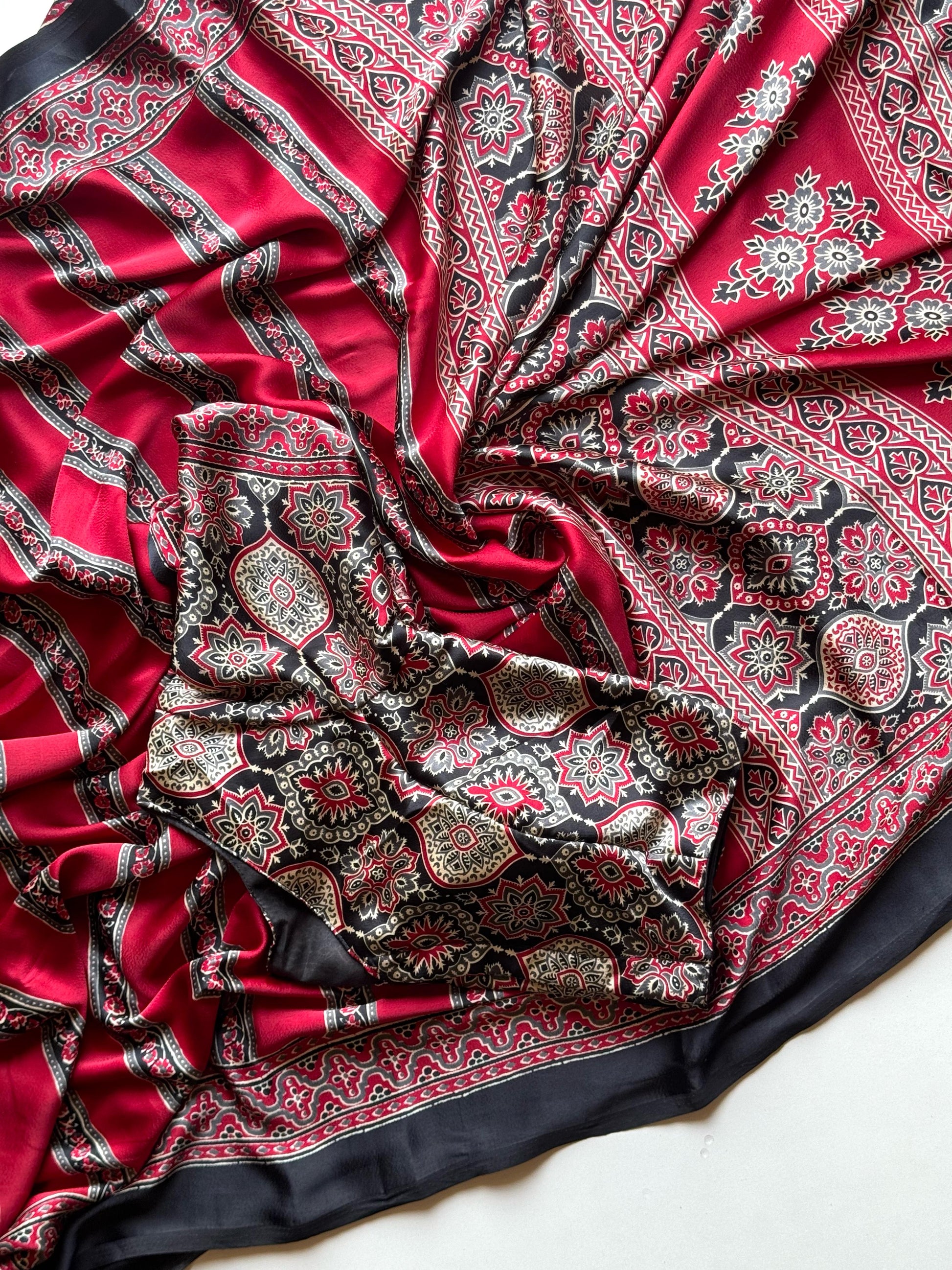 Ajrakh Print Soft Modal Silk Saree With Stitched Blouse
