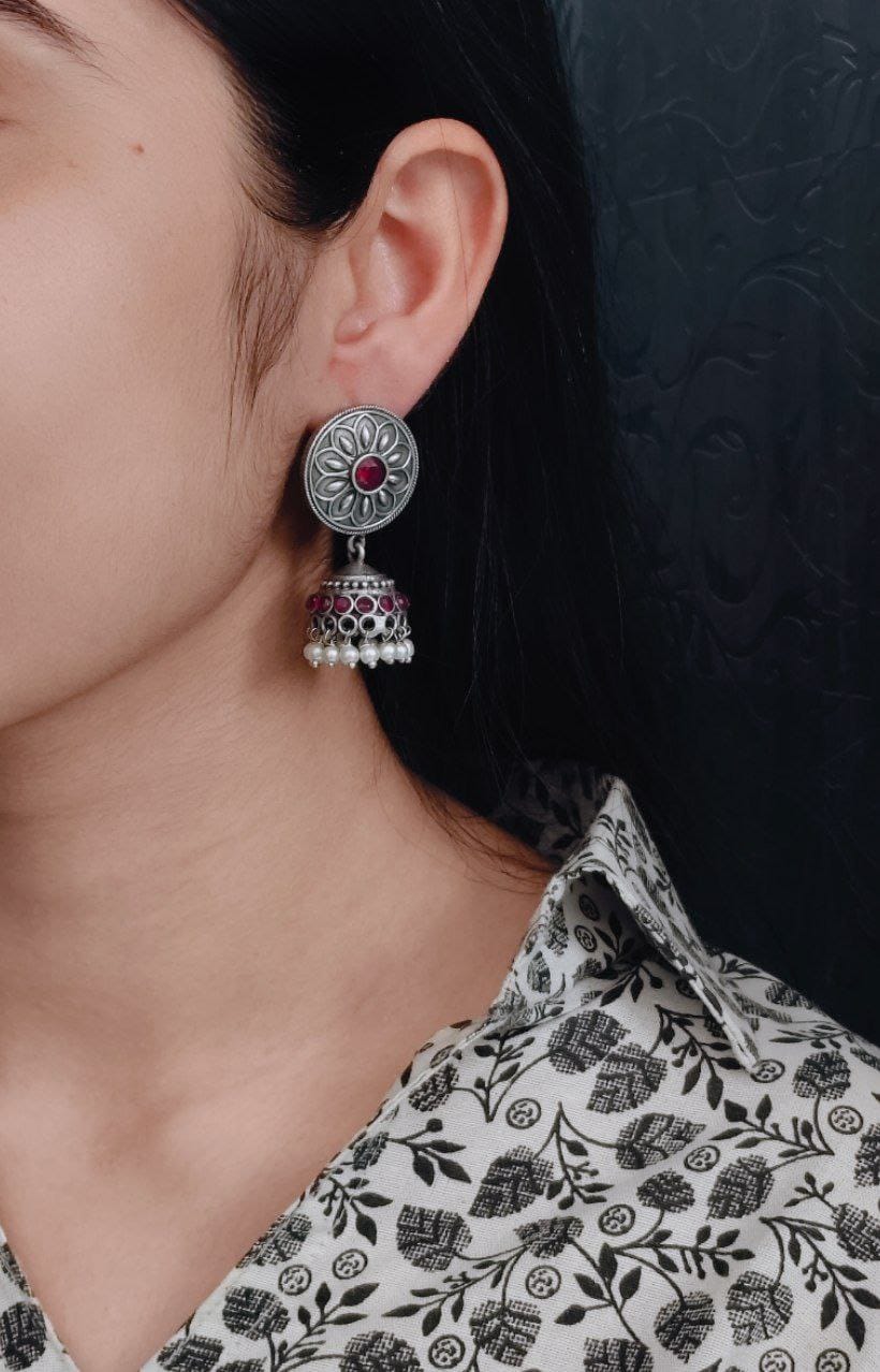 Silver Look-alike Jhumka with Stone Detailing