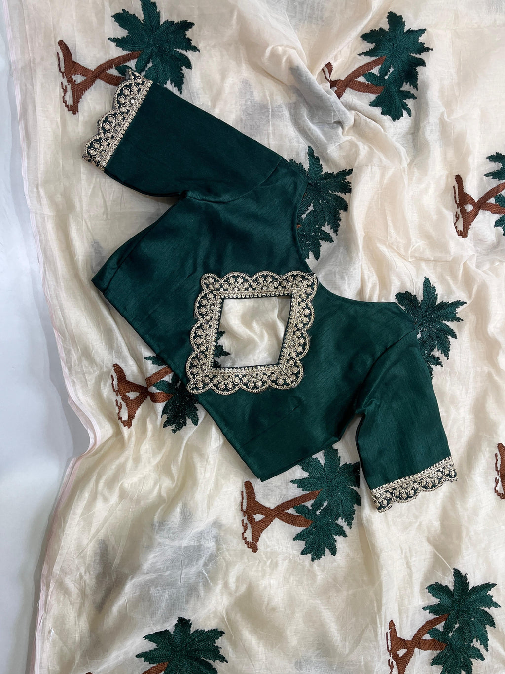 Chanderi Cotton Embroidered Saree With Stitched Blouse