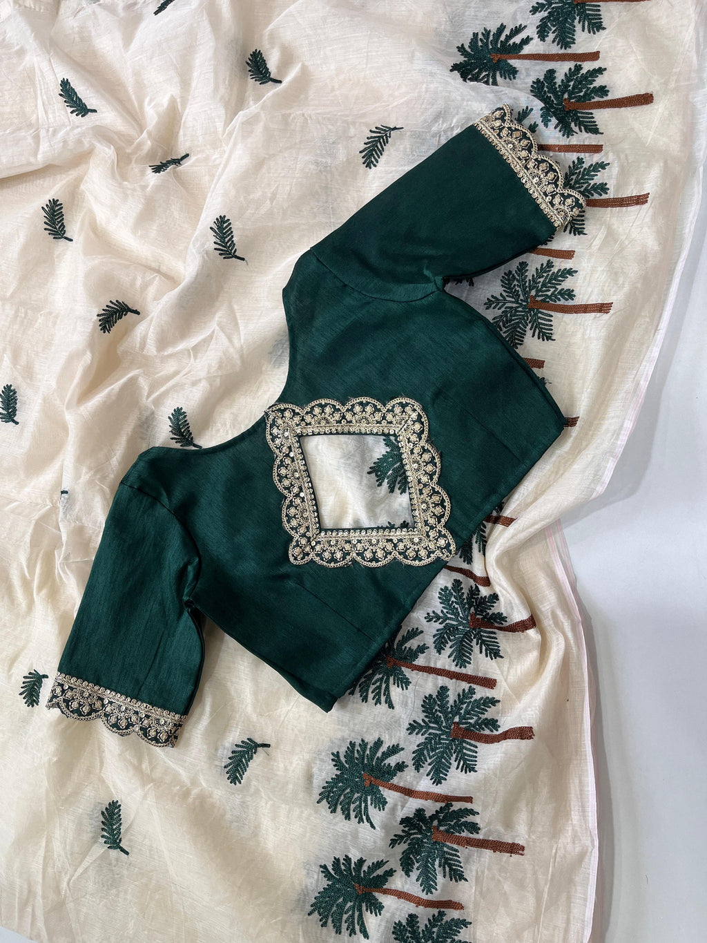 Chanderi Cotton Embroidered Saree With Stitched Blouse