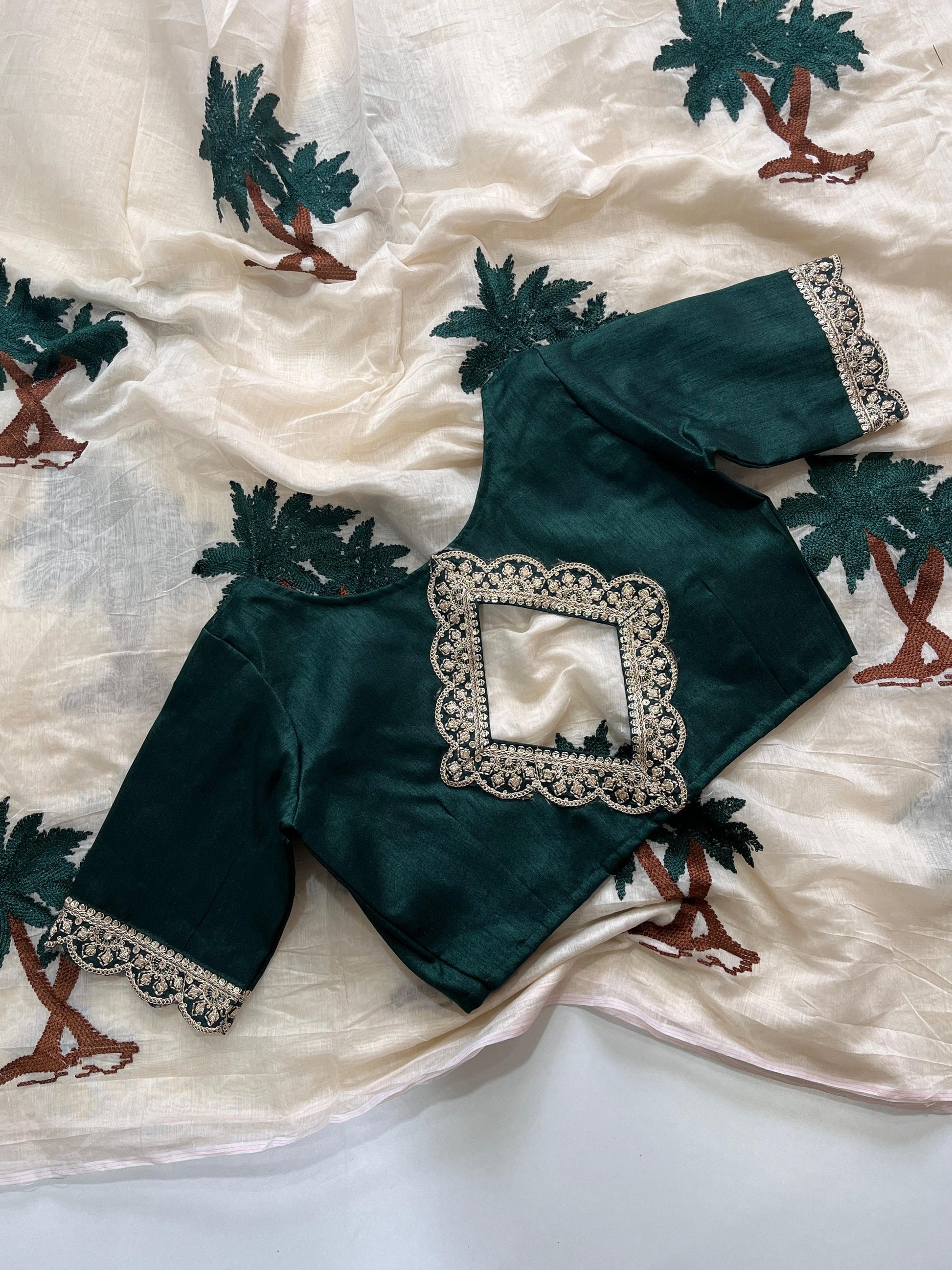 Chanderi Cotton Embroidered Saree With Stitched Blouse