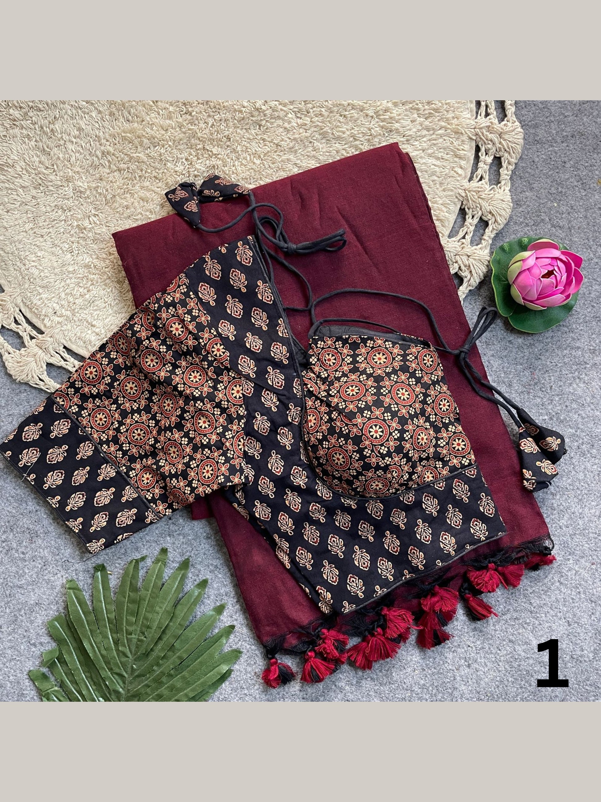 Khadi Cotton Silk Saree with Readymade Ajrakh Blouse