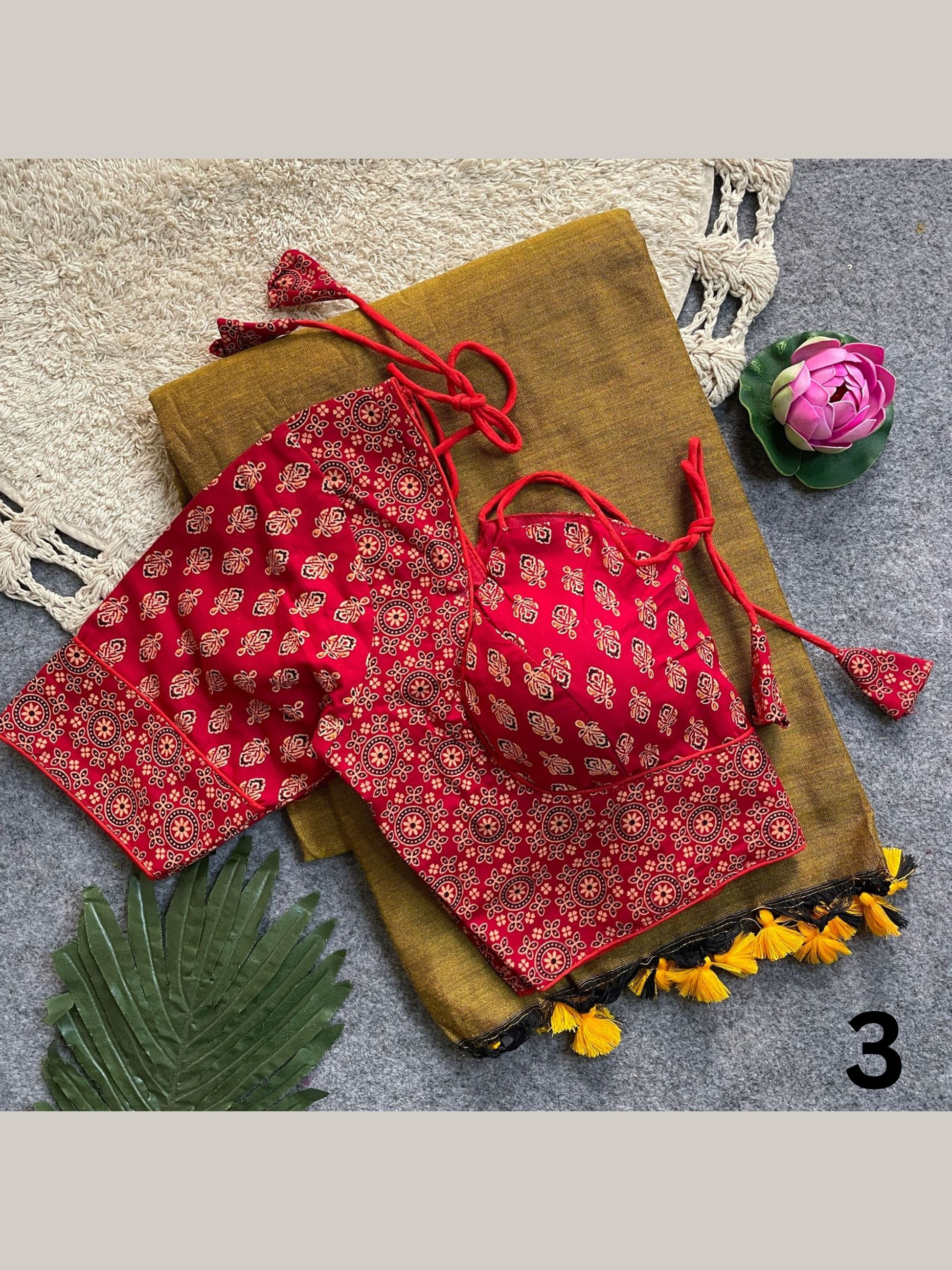 Khadi Cotton Silk Saree with Readymade Ajrakh Blouse