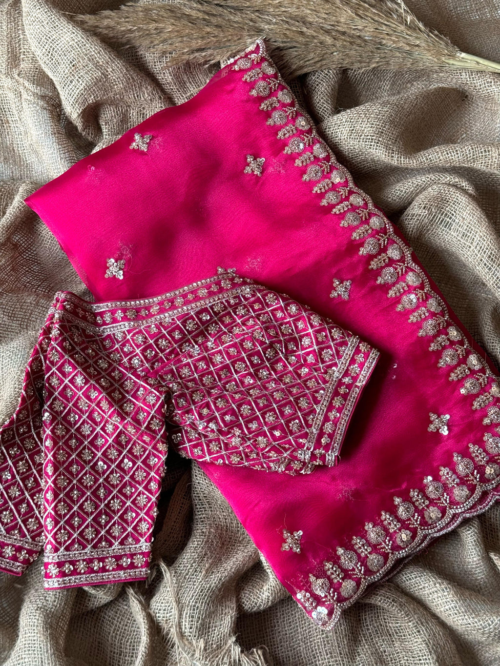 Premium Organza Silk Saree with Stitched Designer Blouse and Exquisite Beaded Handwork