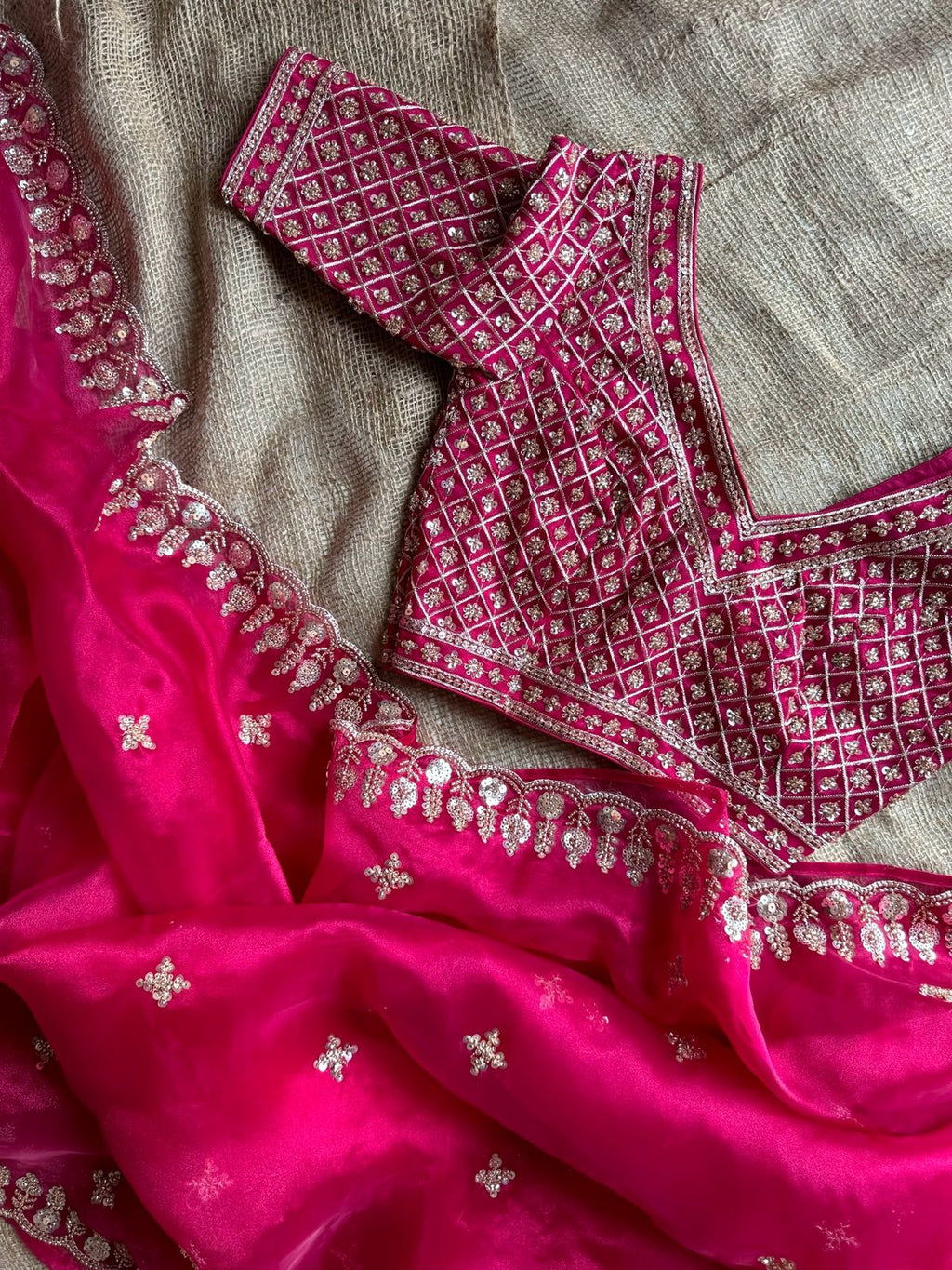 Premium Organza Silk Saree with Stitched Designer Blouse and Exquisite Beaded Handwork