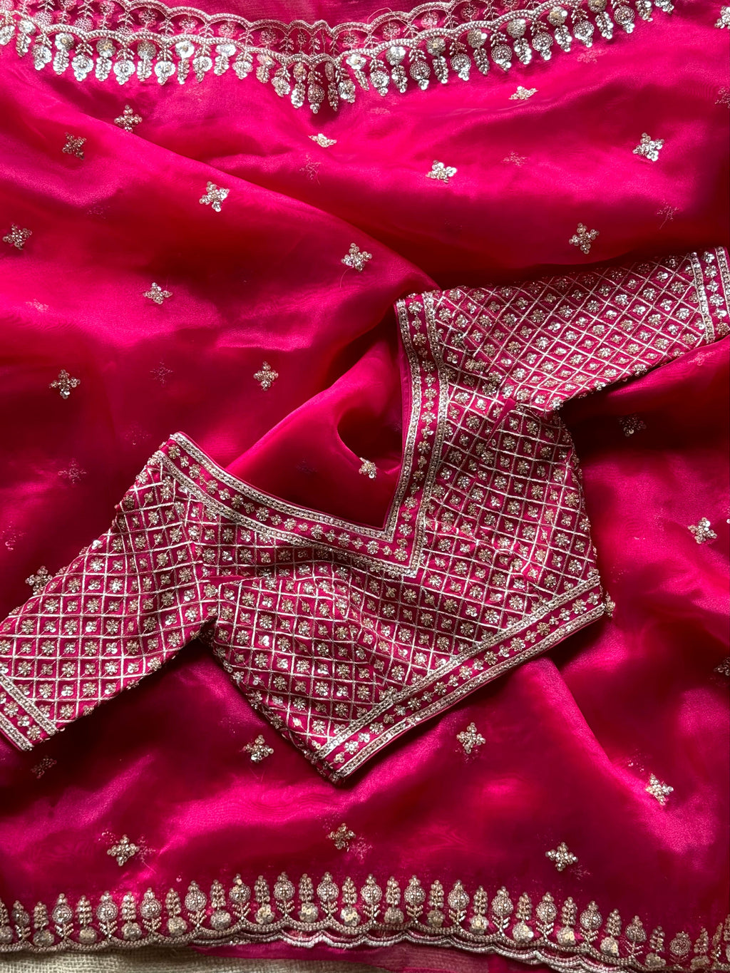 Premium Organza Silk Saree with Stitched Designer Blouse and Exquisite Beaded Handwork