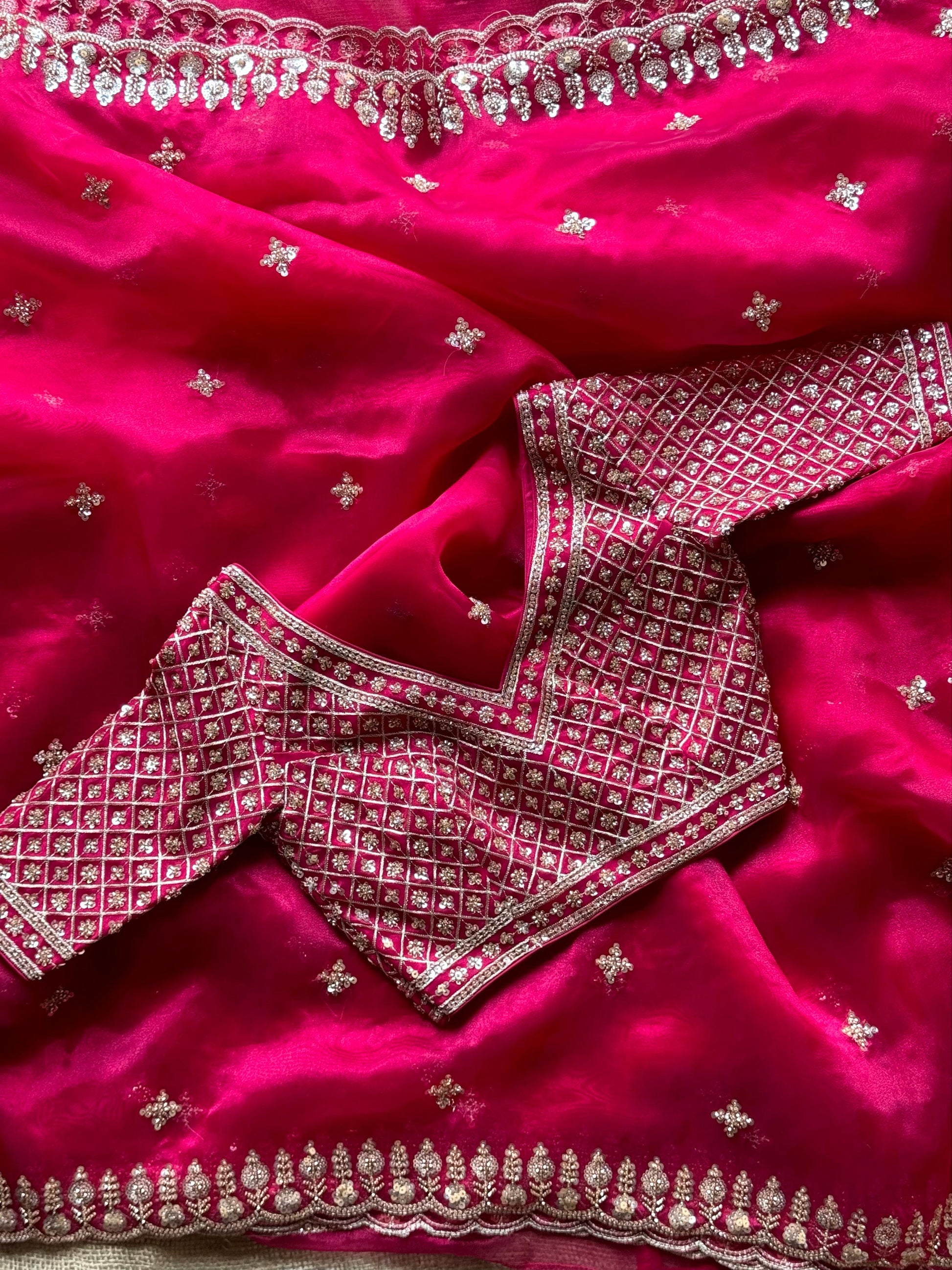 Premium Organza Silk Saree with Stitched Designer Blouse and Exquisite Beaded Handwork