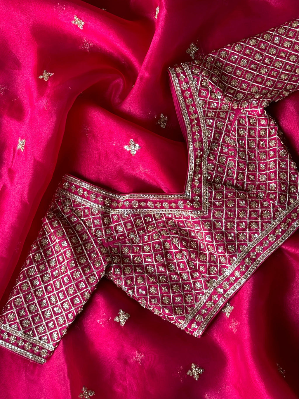 Premium Organza Silk Saree with Stitched Designer Blouse and Exquisite Beaded Handwork