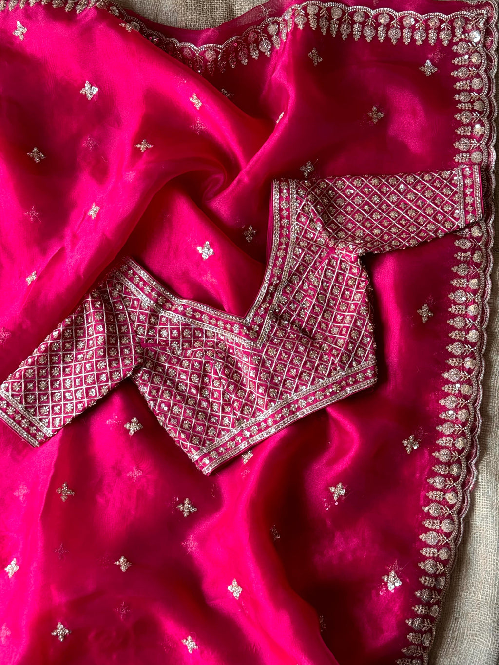 Premium Organza Silk Saree with Stitched Designer Blouse and Exquisite Beaded Handwork