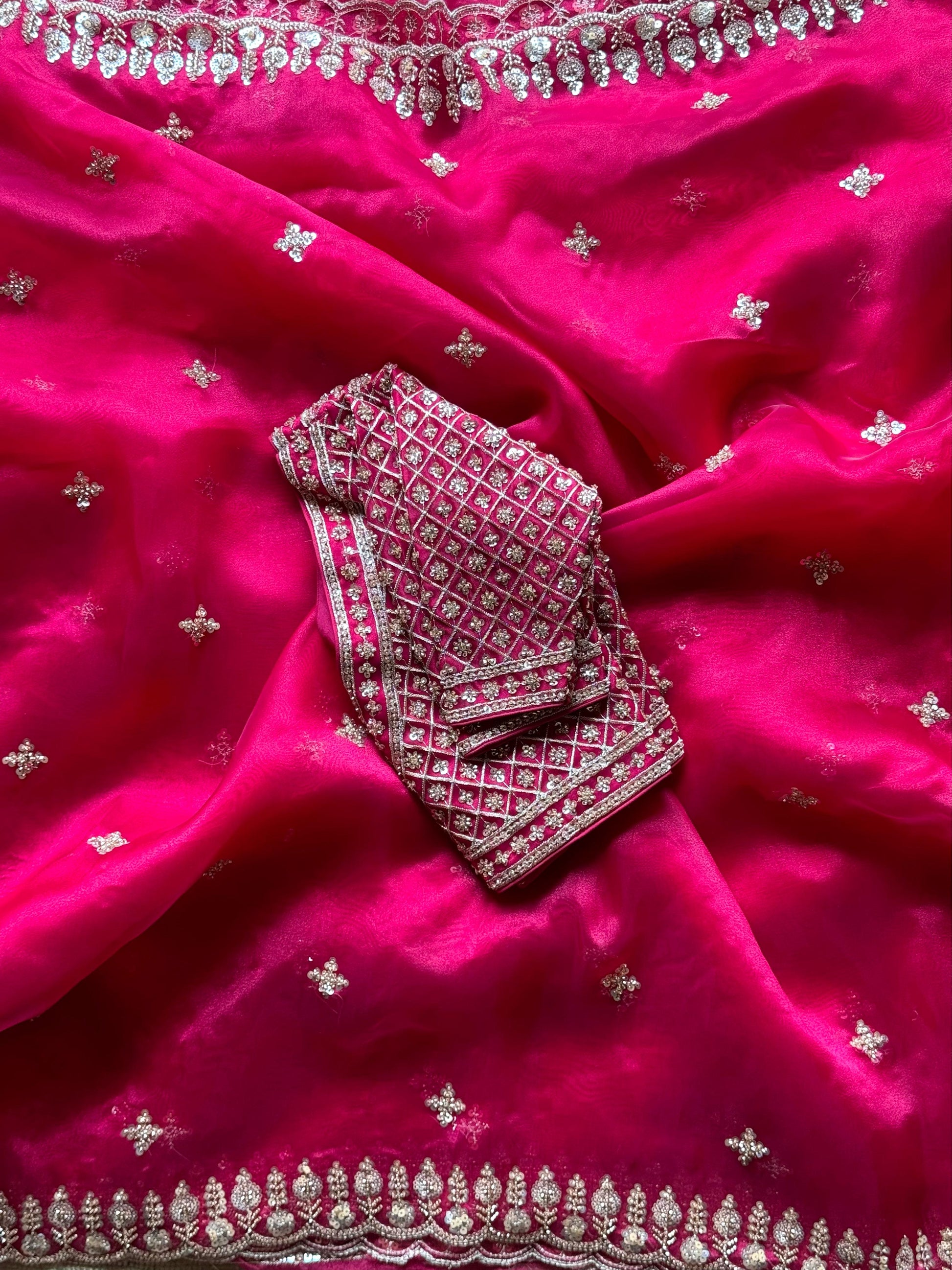 Premium Organza Silk Saree with Stitched Designer Blouse and Exquisite Beaded Handwork