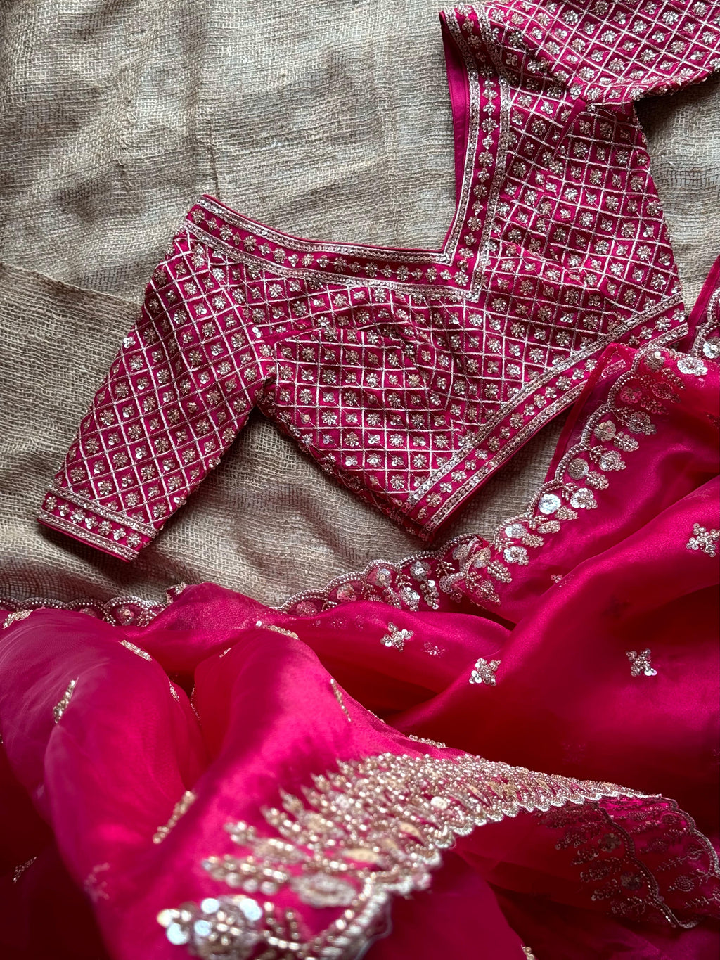 Premium Organza Silk Saree with Stitched Designer Blouse and Exquisite Beaded Handwork