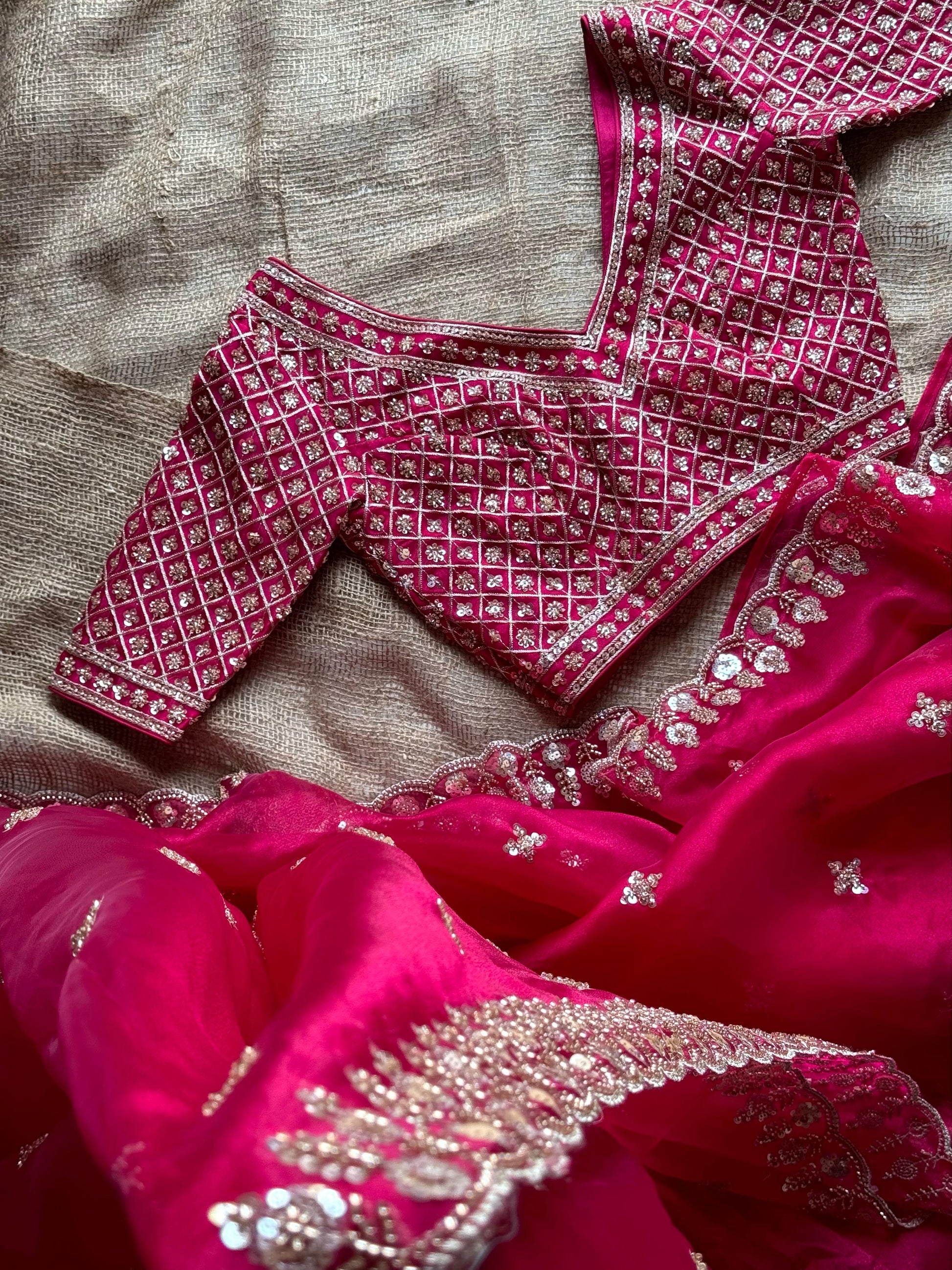 Premium Organza Silk Saree with Stitched Designer Blouse and Exquisite Beaded Handwork