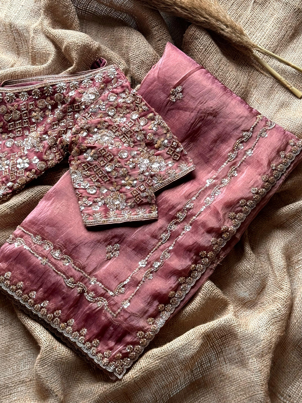 Luxury Gold Crush Hand-Embroidered Saree with Designer Stitched Blouse