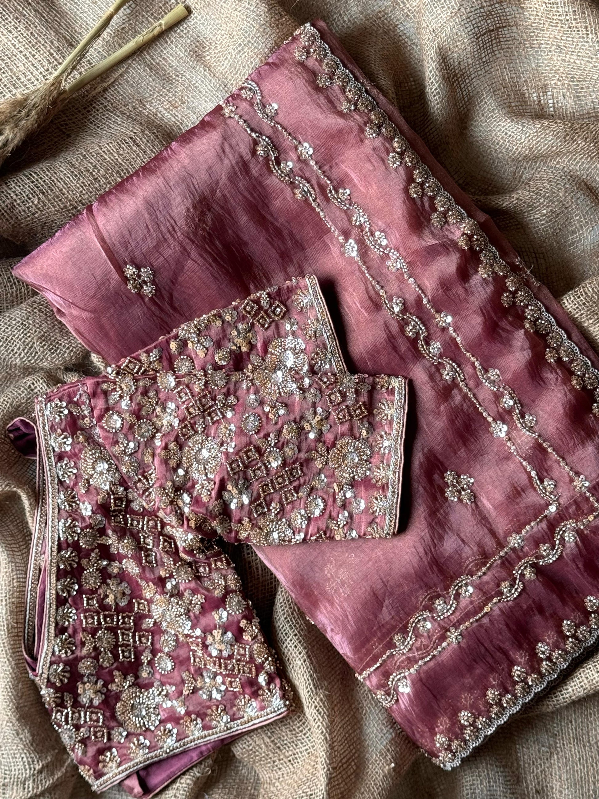 Luxury Gold Crush Hand-Embroidered Saree with Designer Stitched Blouse