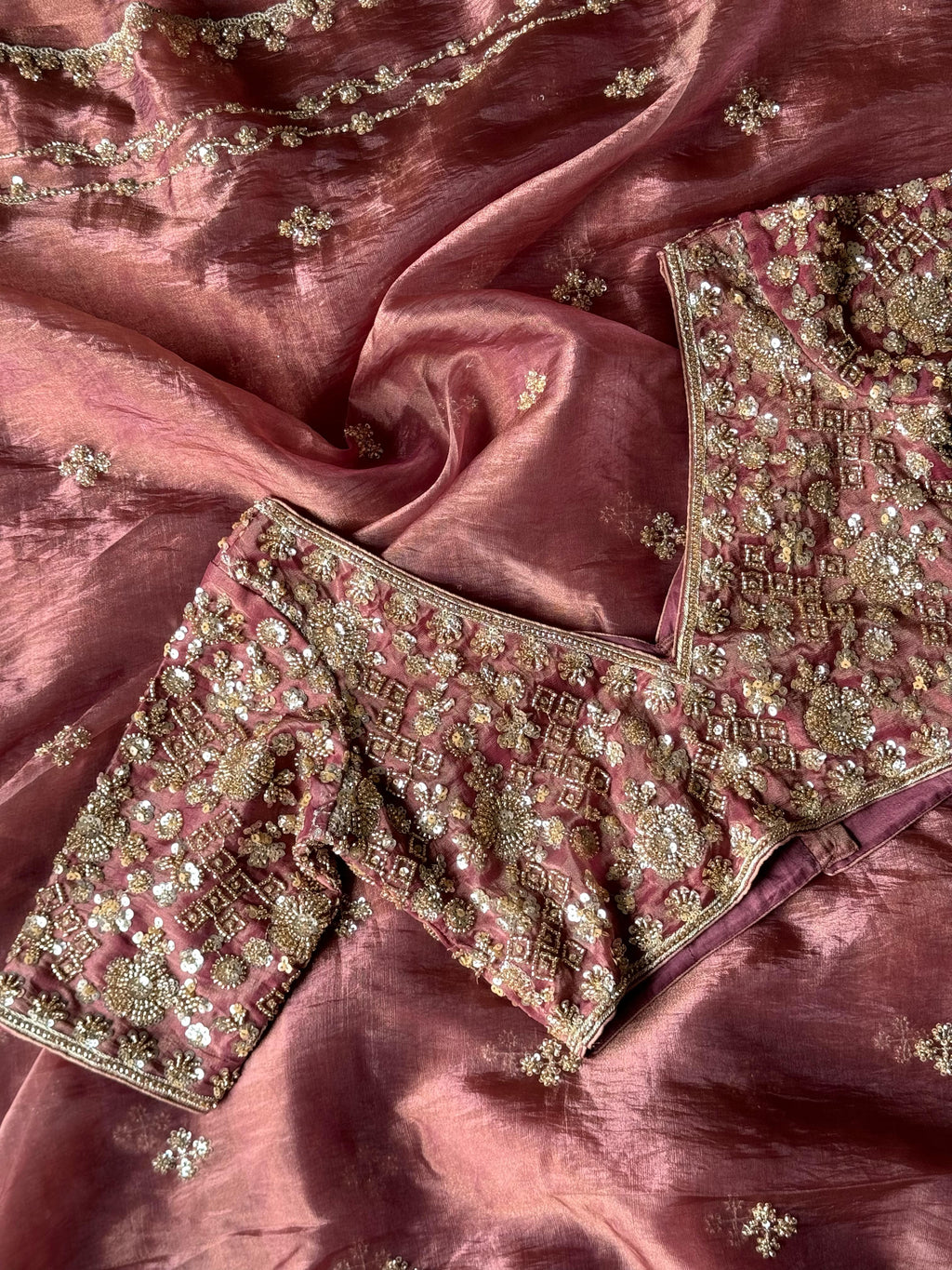 Luxury Gold Crush Hand-Embroidered Saree with Designer Stitched Blouse