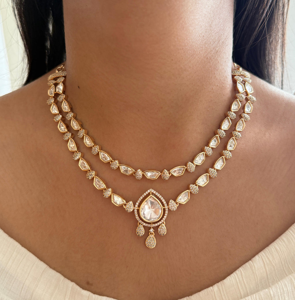 Layered Polki Necklace with Teardrop Pendant