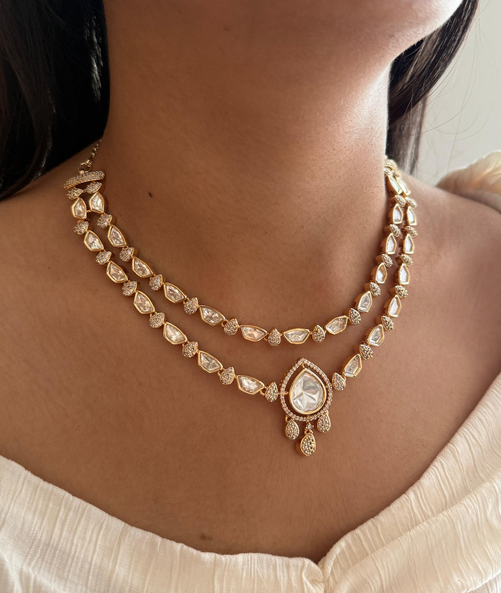 Layered Polki Necklace with Teardrop Pendant