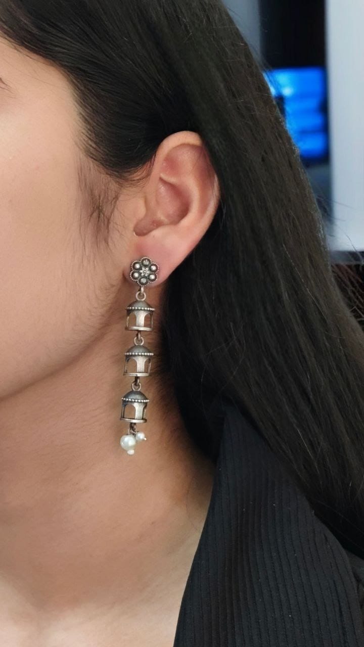 Silver Look-alike Layered Temple Earrings