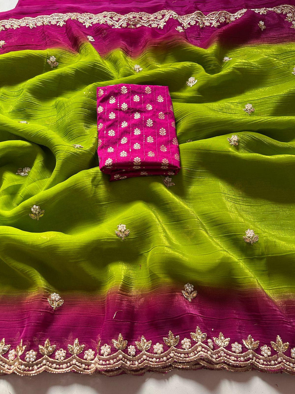 Parrot Green and Pink Embroidered Crush Saree