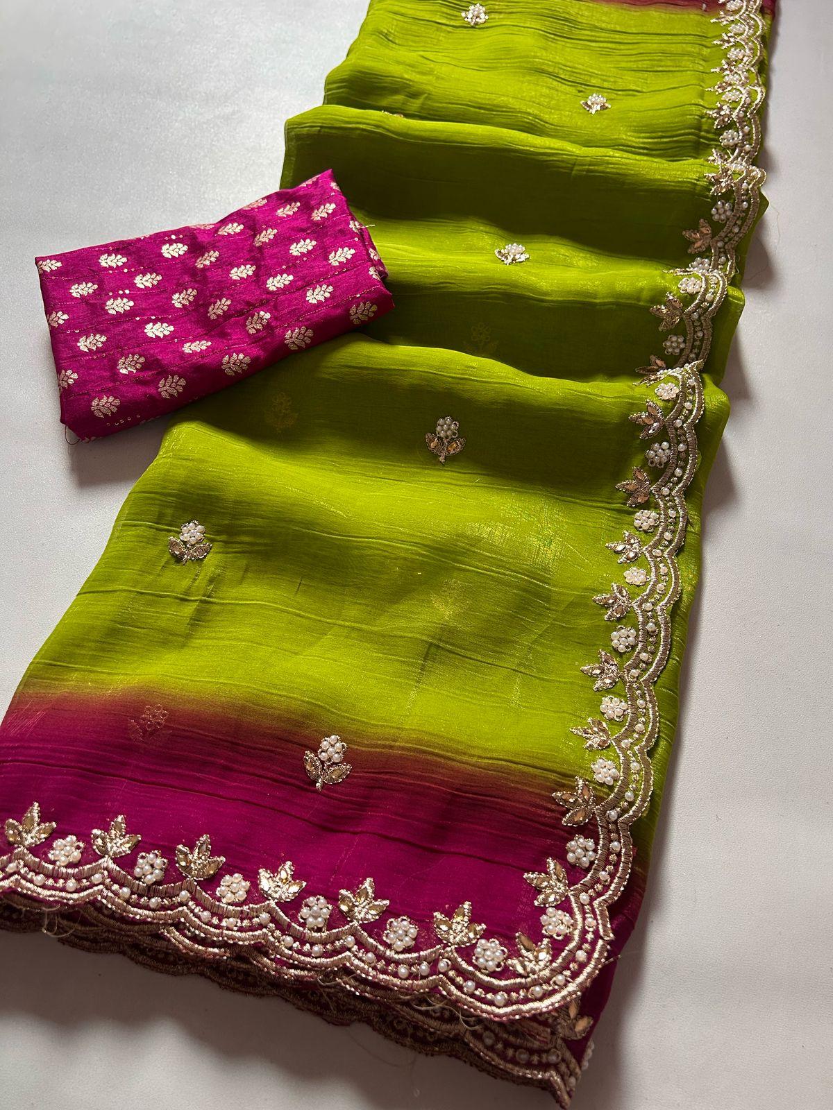 Parrot Green and Pink Embroidered Crush Saree