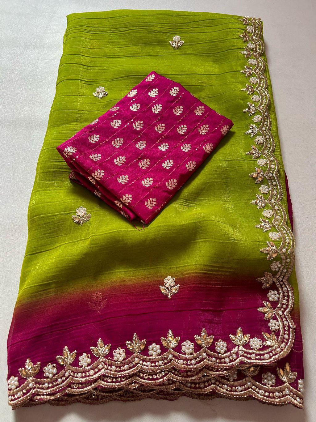 Parrot Green and Pink Embroidered Crush Saree