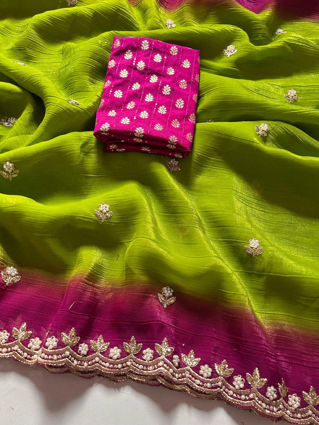 Parrot Green and Pink Embroidered Crush Saree