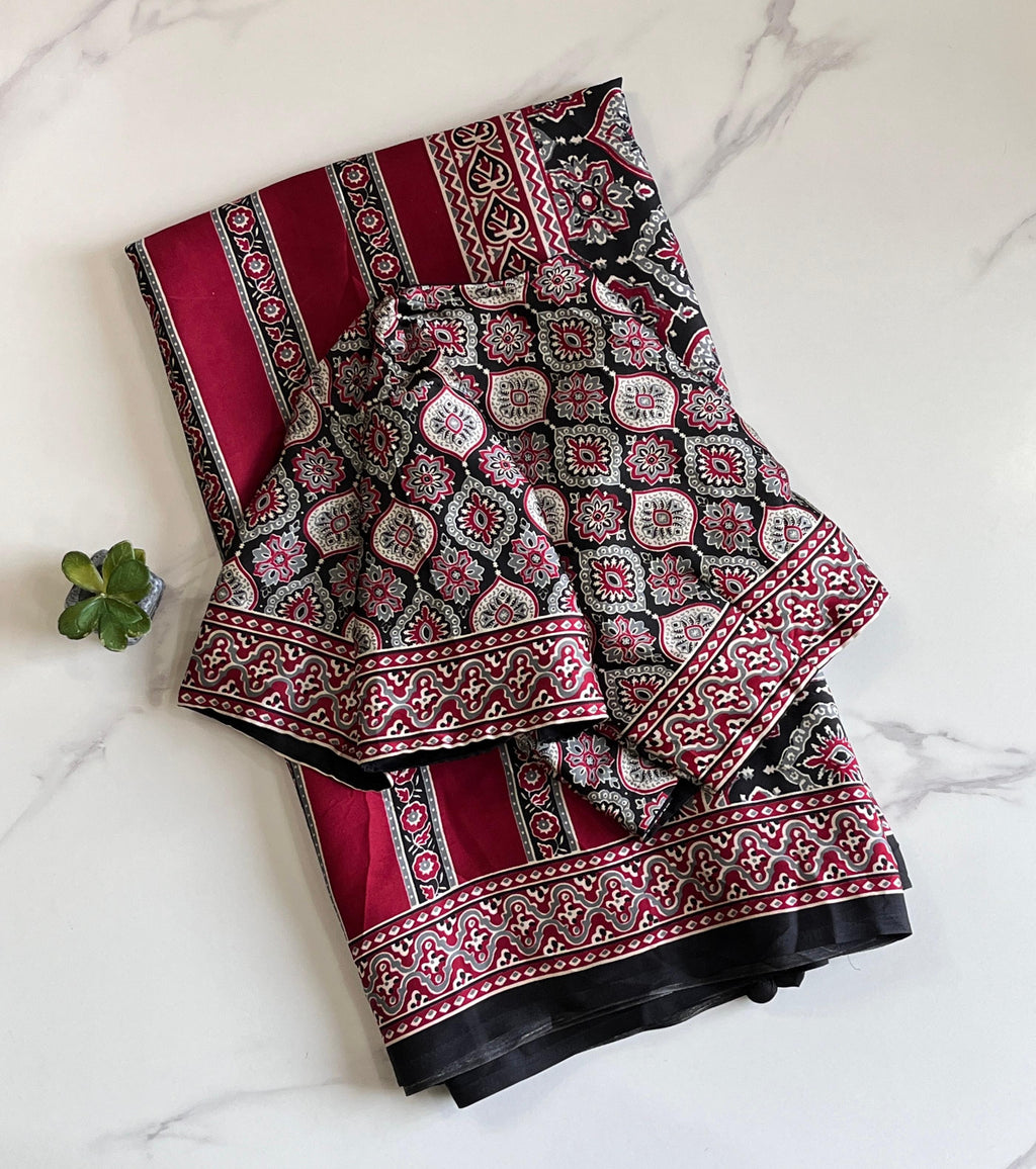 Satin Silk Ajrakh Saree with Stitched Blouse