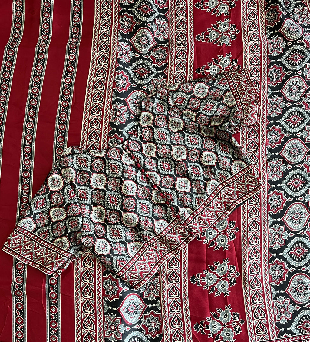 Satin Silk Ajrakh Saree with Stitched Blouse