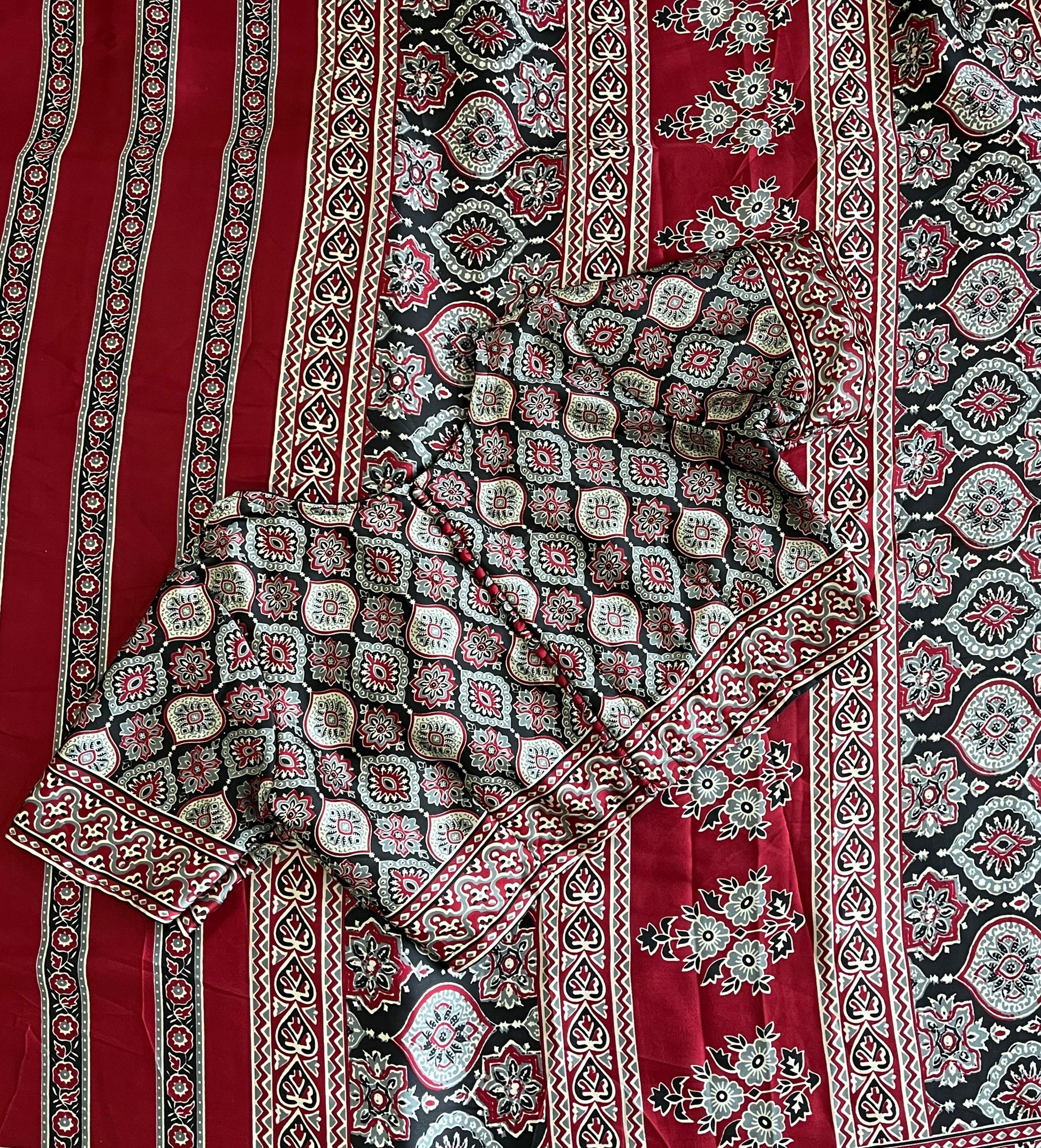 Satin Silk Ajrakh Saree with Stitched Blouse